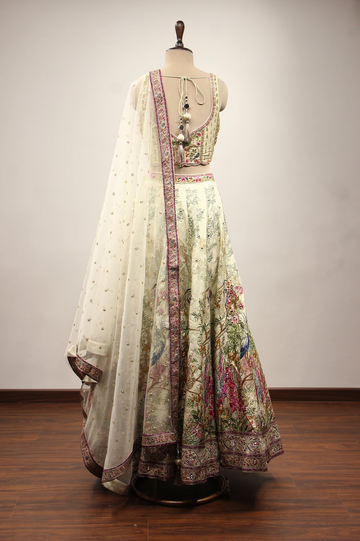 Pista Green Printed Silk Lehenga with Hand Embroidery Corset Blouse – back view