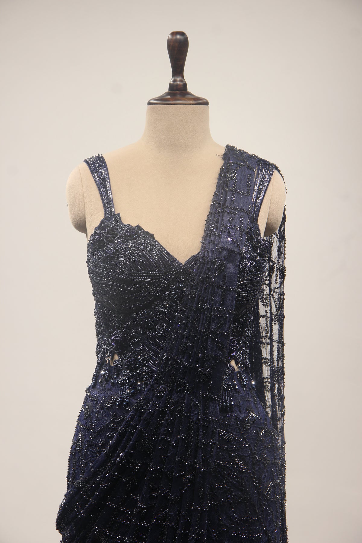 Imported Drape Saree with Cut Dana & Bead Handwork Net Corset Blouse in Blue – front close-up