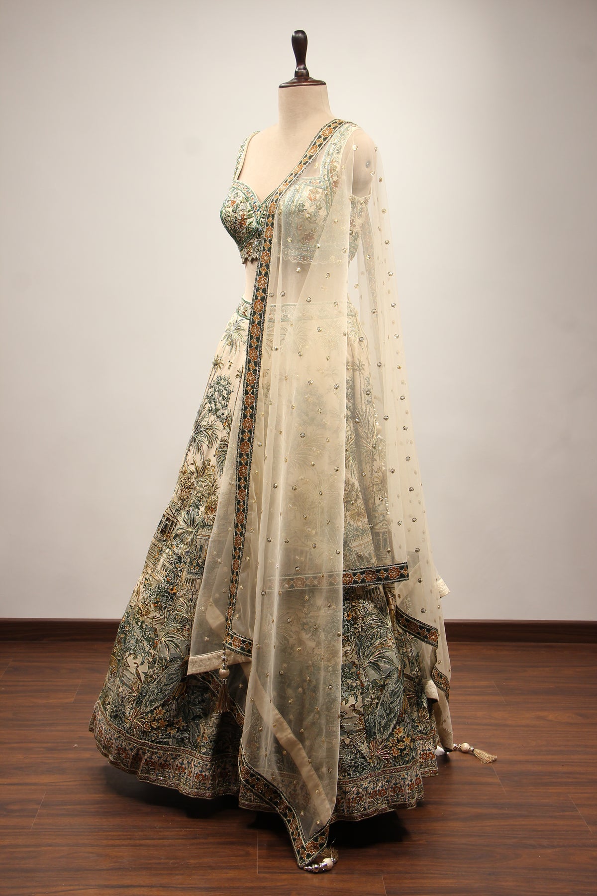 Beige Palm Printed Silk Lehenga with Hand Embroidery Crop Top – side view