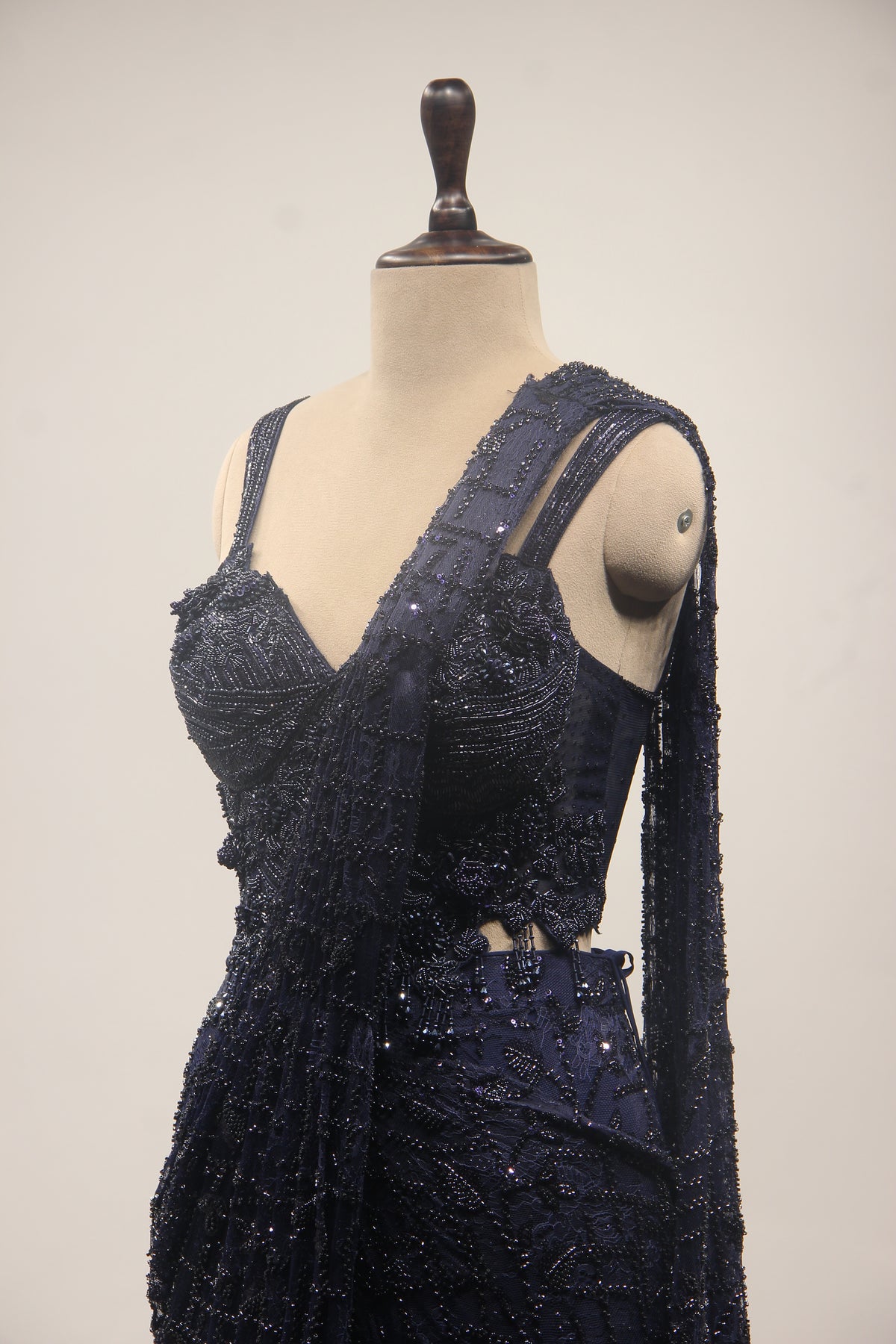 Imported Drape Saree with Cut Dana & Bead Handwork Net Corset Blouse in Blue – other side close-up
