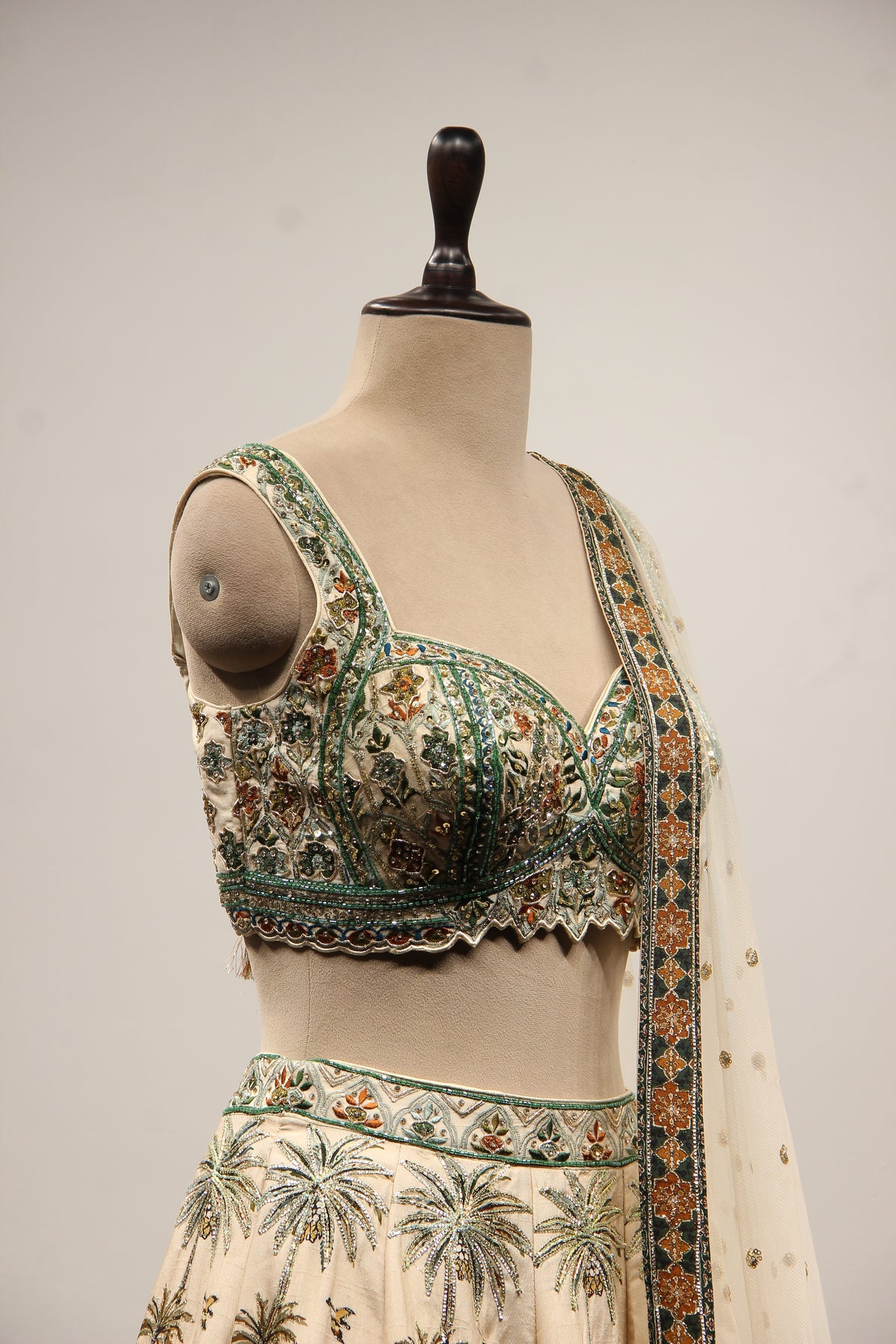 Beige Palm Printed Silk Lehenga with Hand Embroidery Crop Top – other side close-up