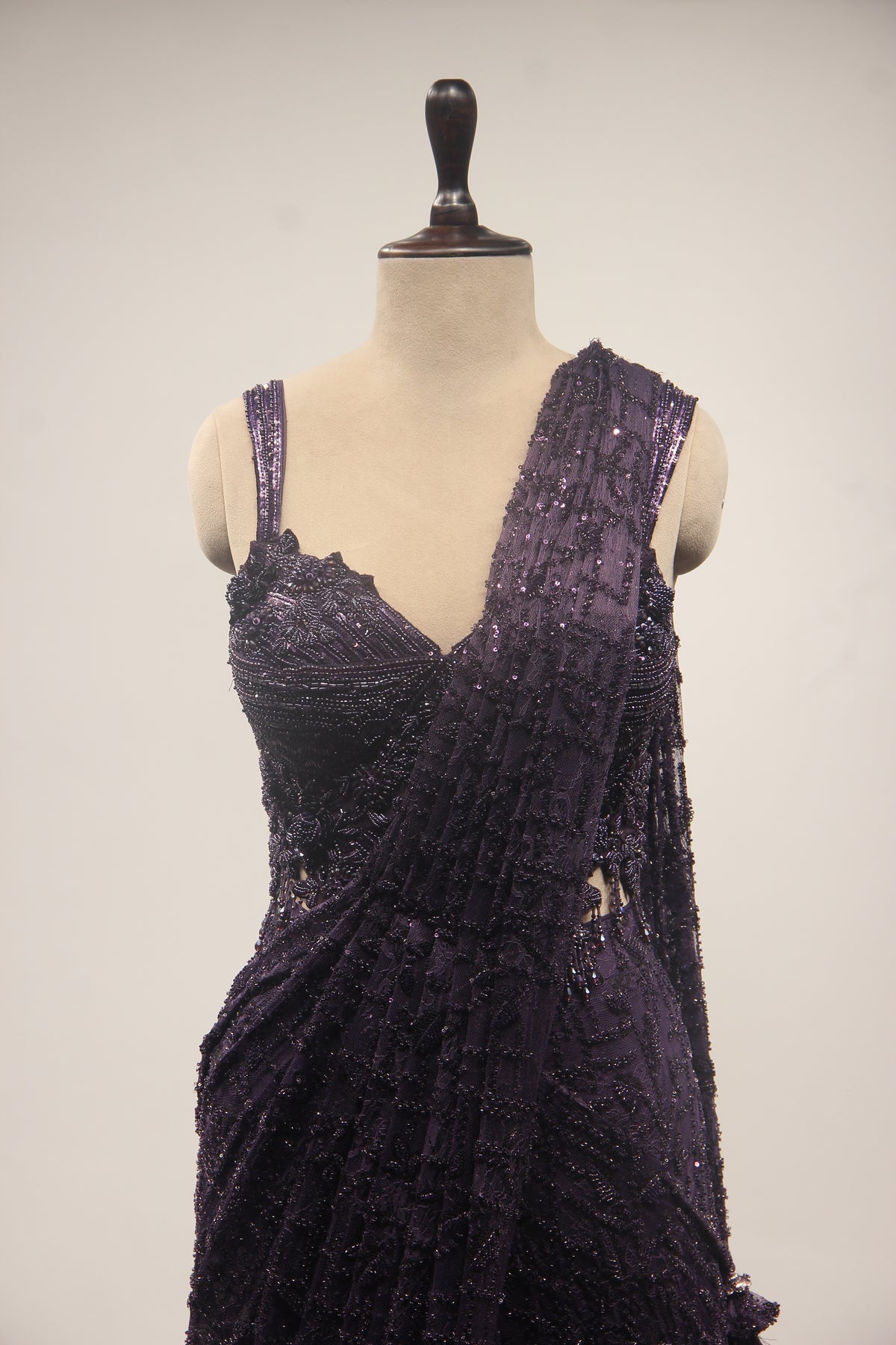 Imported Drape Saree with Cut Dana & Bead Handwork Net Corset Blouse in Purple – front close-up