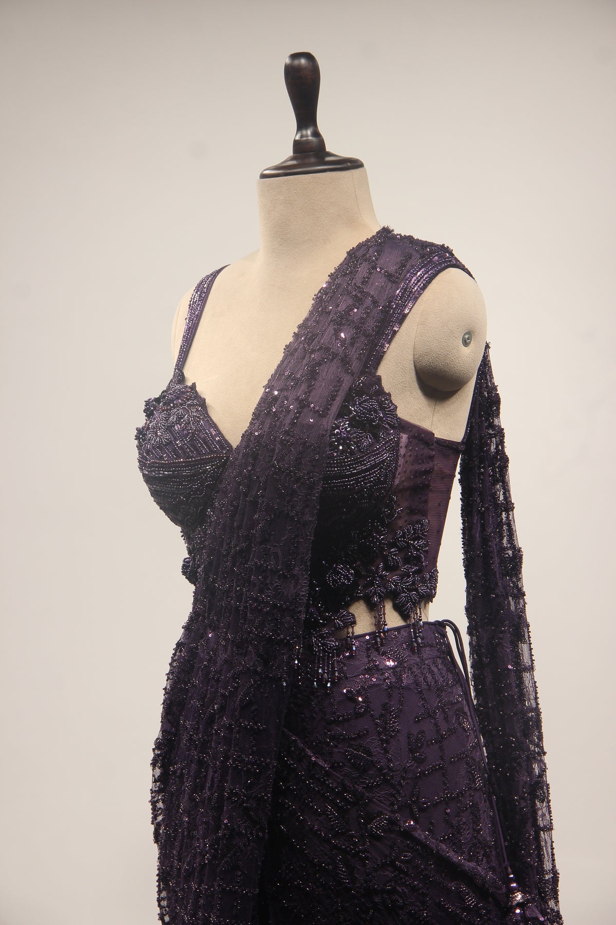 Imported Drape Saree with Cut Dana & Bead Handwork Net Corset Blouse in Purple – side close-up