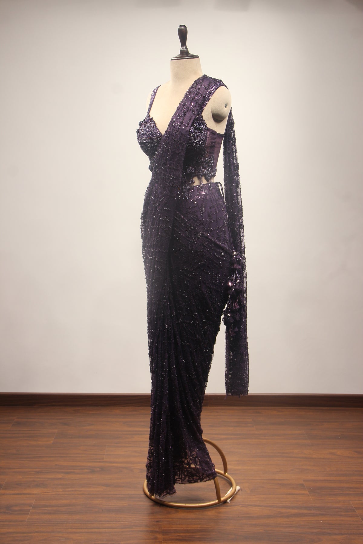 Imported Drape Saree with Cut Dana & Bead Handwork Net Corset Blouse in Purple – side view
