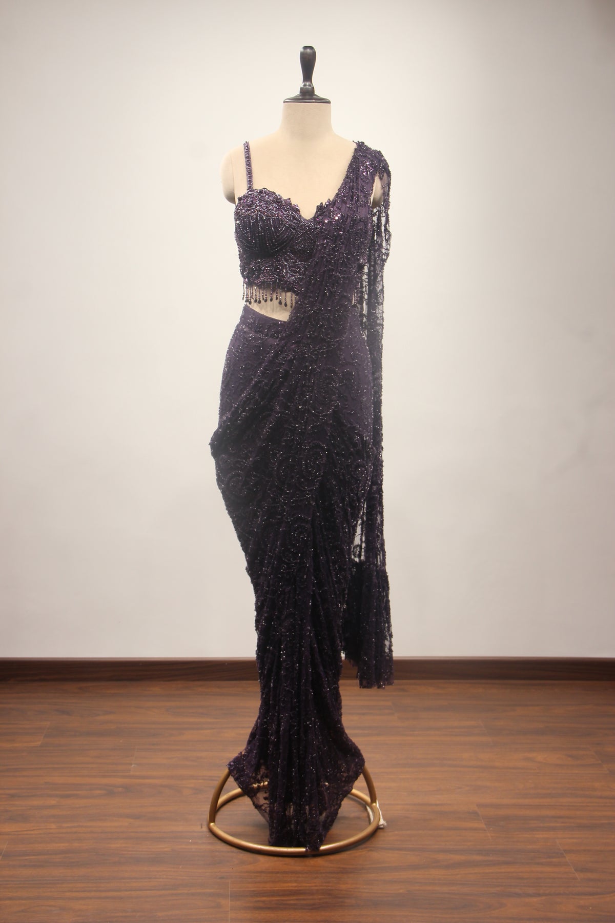 Net Drape Saree with Cut Dana & Bead Handwork, Corset Blouse