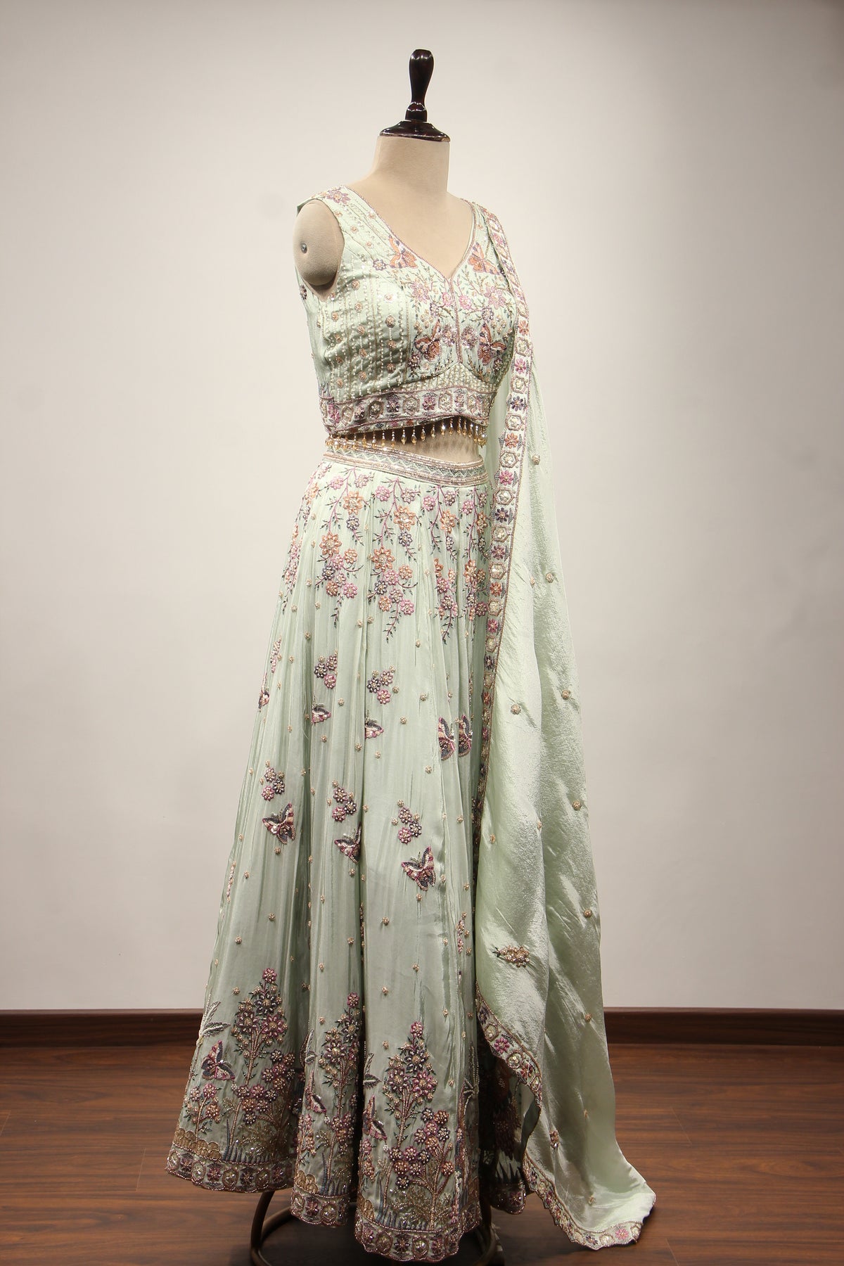Sage Tissue Lehenga with Resham & Bead Handwork and Fringed Crop Top – other side view