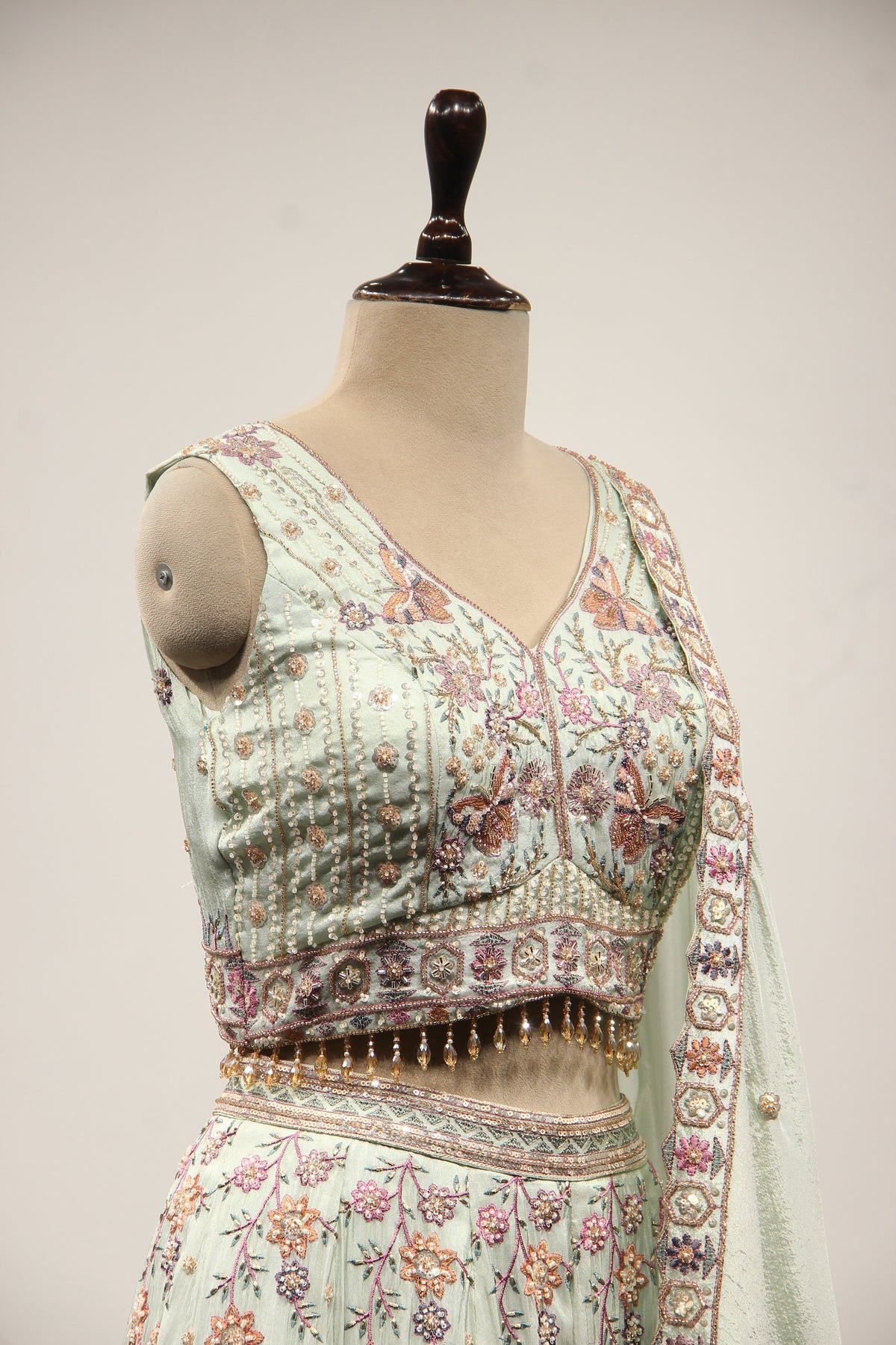 Sage Tissue Lehenga with Resham & Bead Handwork and Fringed Crop Top – other side close-up