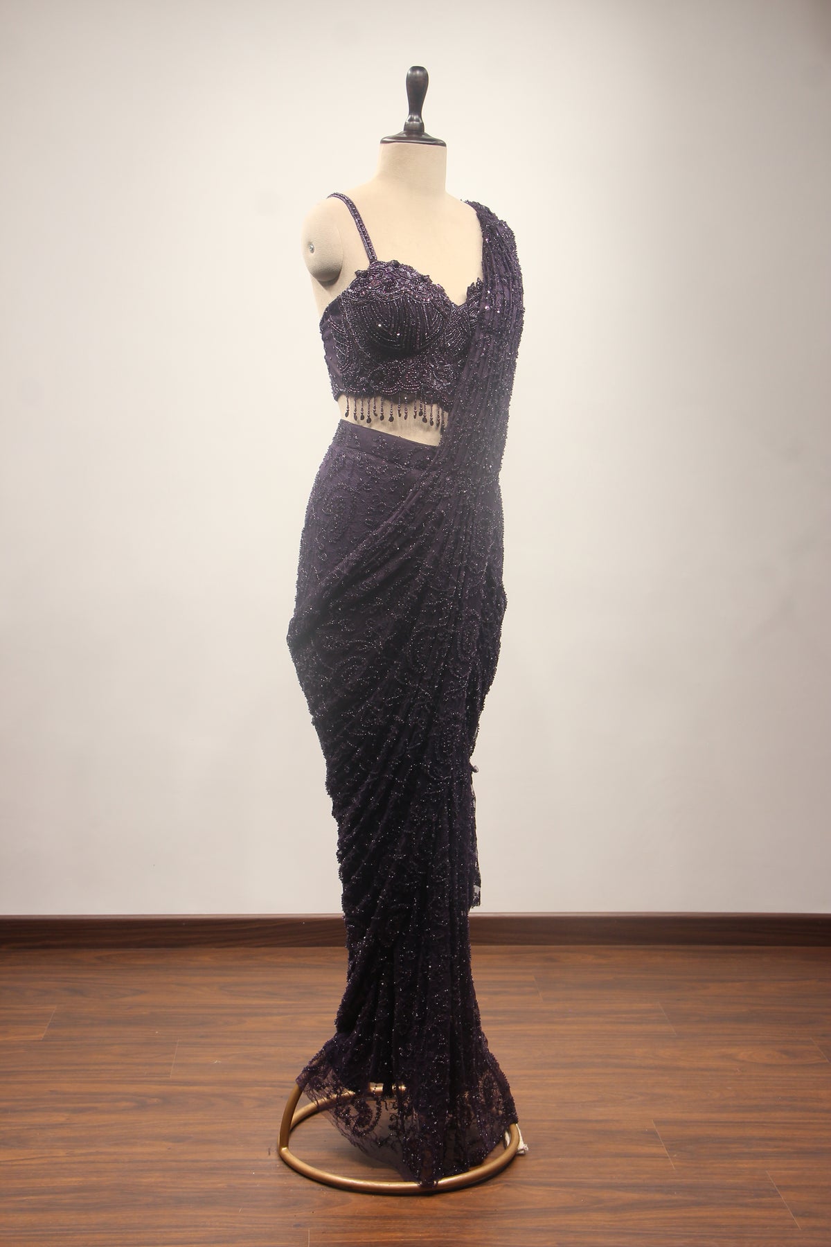Net Drape Saree with Cut Dana & Bead Handwork, Corset Blouse