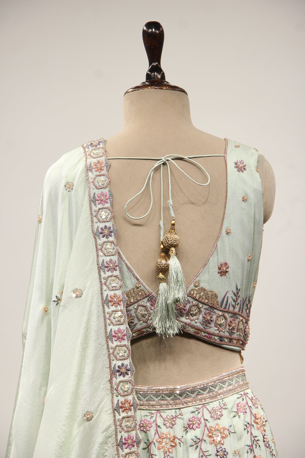 Sage Tissue Lehenga with Resham & Bead Handwork and Fringed Crop Top – back close-up