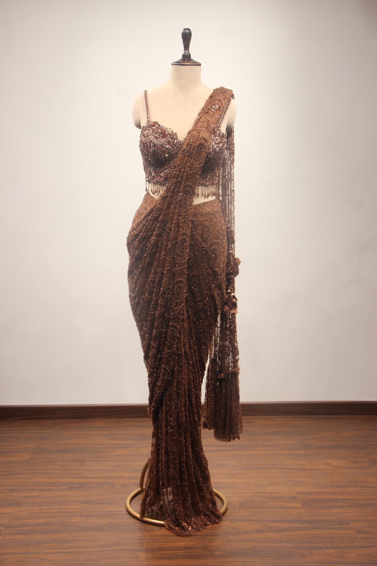 Net Drape Saree with Cut Dana & Bead Handwork, Corset Blouse