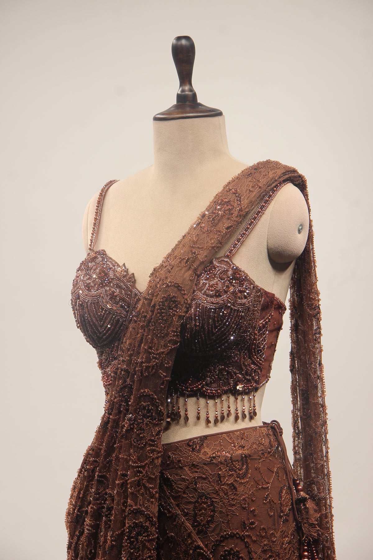 Net Drape Saree with Cut Dana & Bead Handwork, Corset Blouse