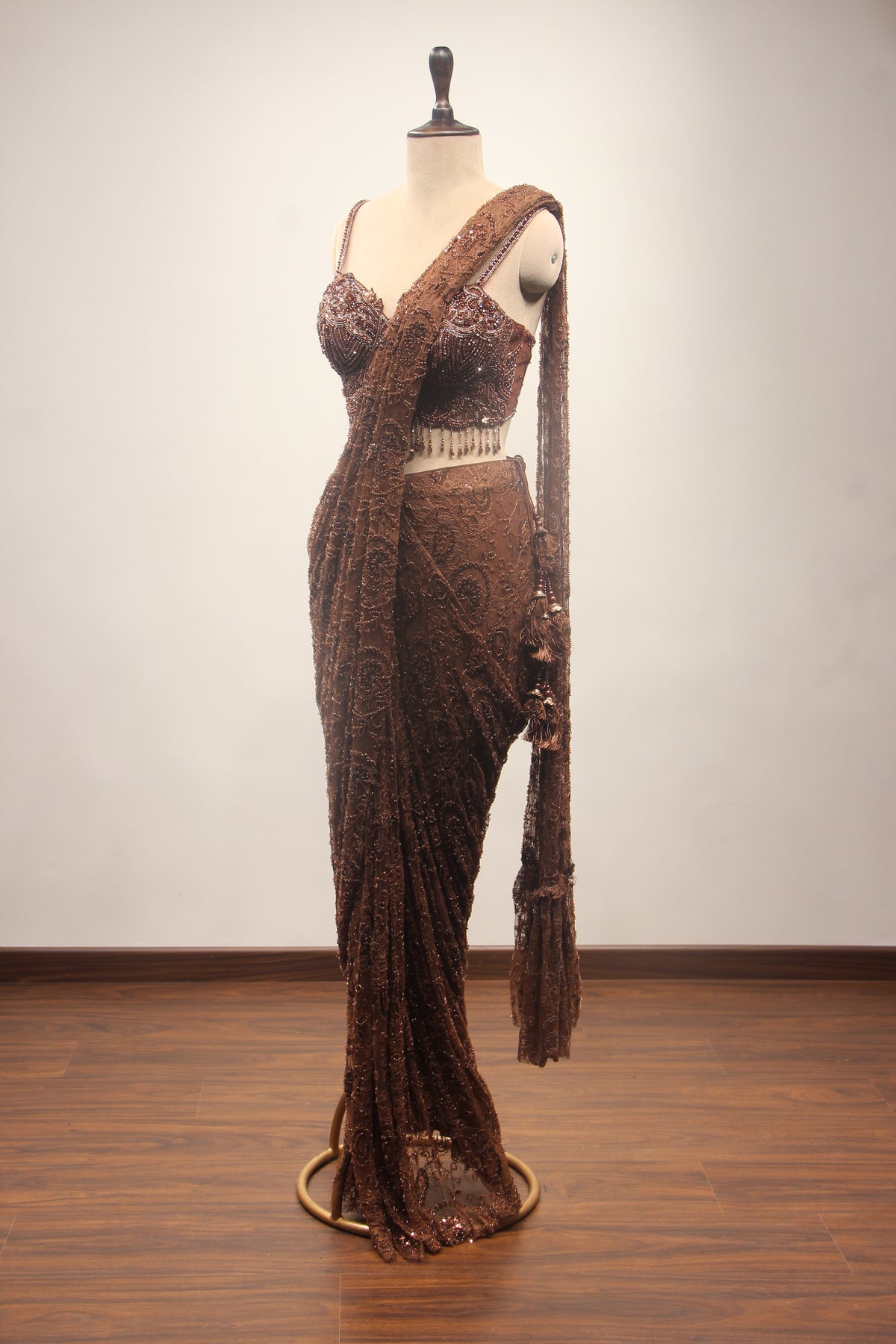 Net Drape Saree with Cut Dana & Bead Handwork, Corset Blouse