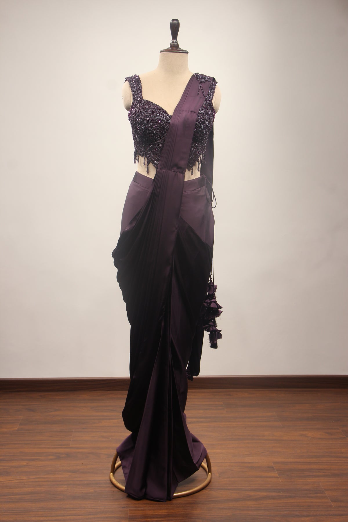 Satin Drape Saree with Beaded Net Corset in Cut Dana & Sequin Handwork in Purple – front view