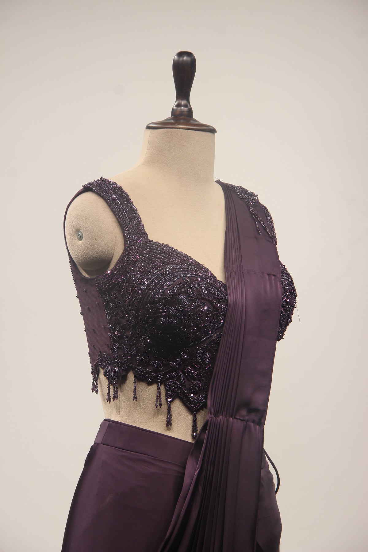 Satin Drape Saree with Beaded Net Corset in Cut Dana & Sequin Handwork in Purple – side close-up