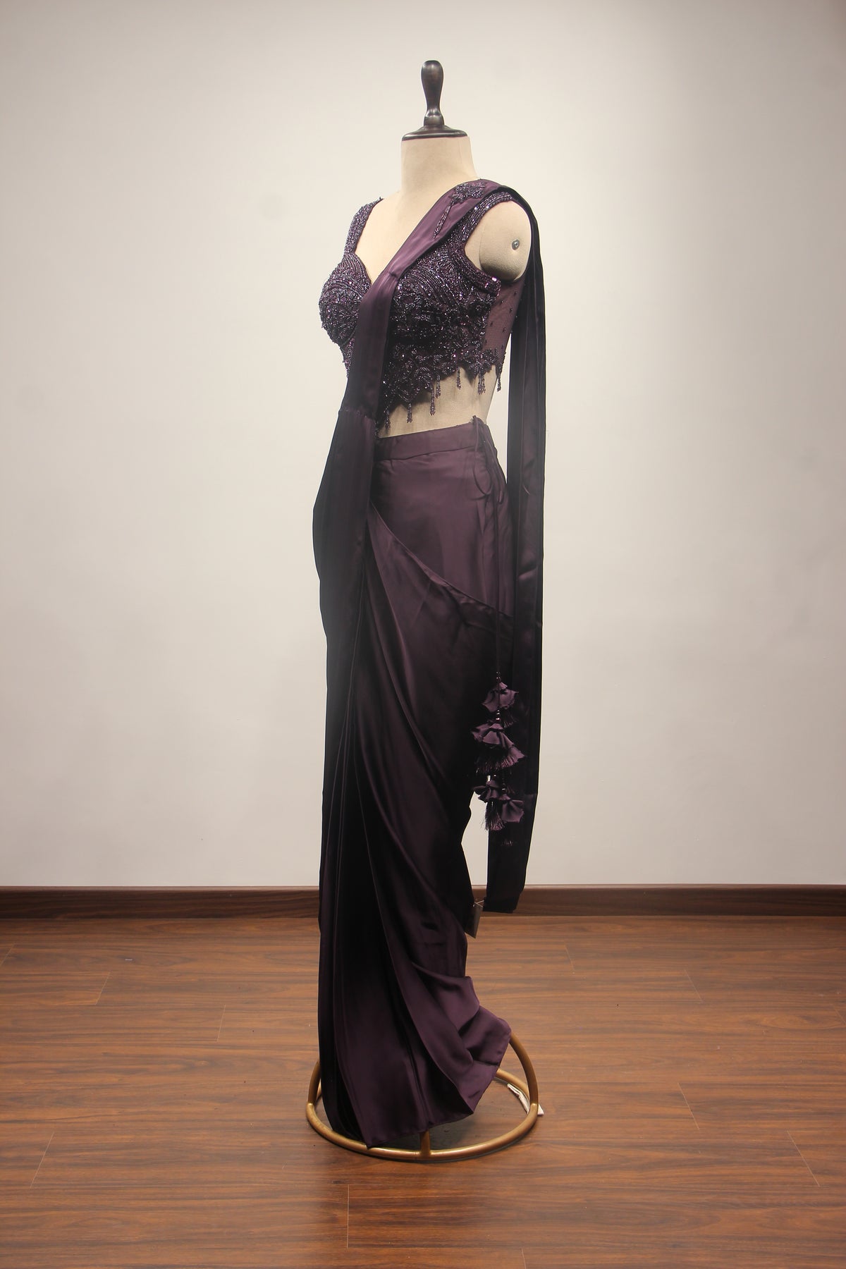 Satin Drape Saree with Beaded Net Corset in Cut Dana & Sequin Handwork in Purple – other side view