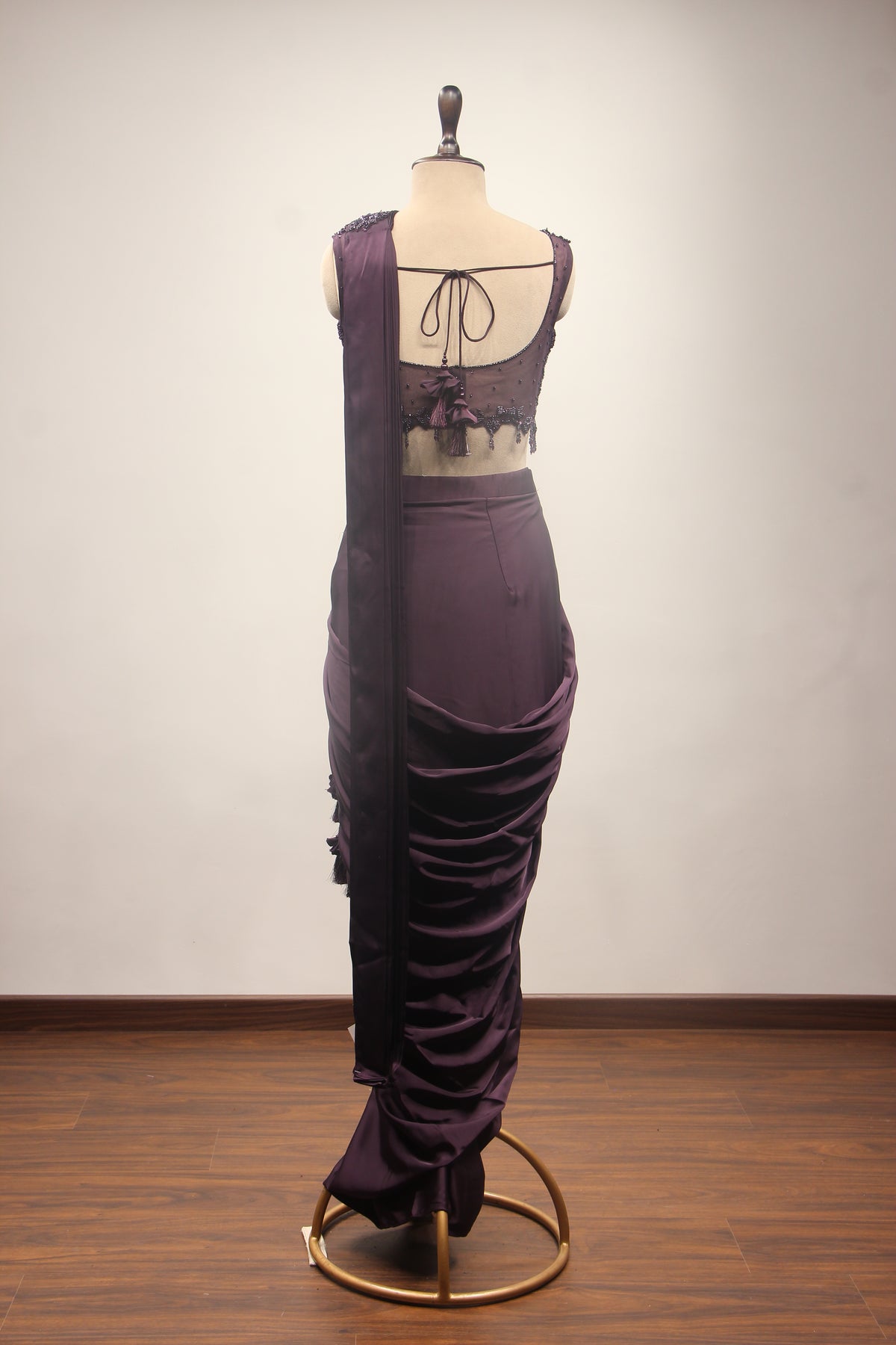 Satin Drape Saree with Beaded Net Corset in Cut Dana & Sequin Handwork in Purple – back view
