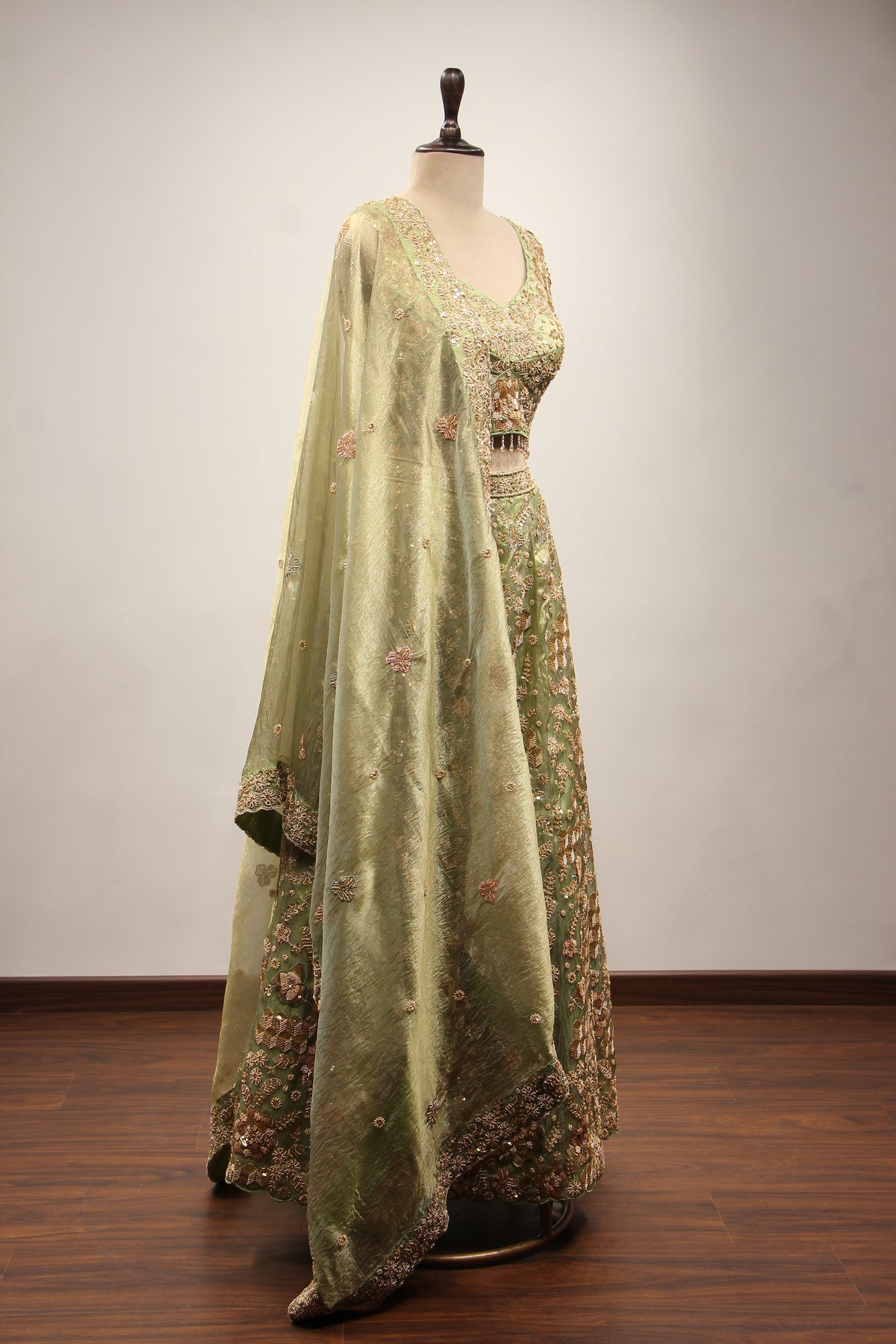 Green Shimmer Organza Lehenga with Bead & Zari Handwork Crop Top – side view