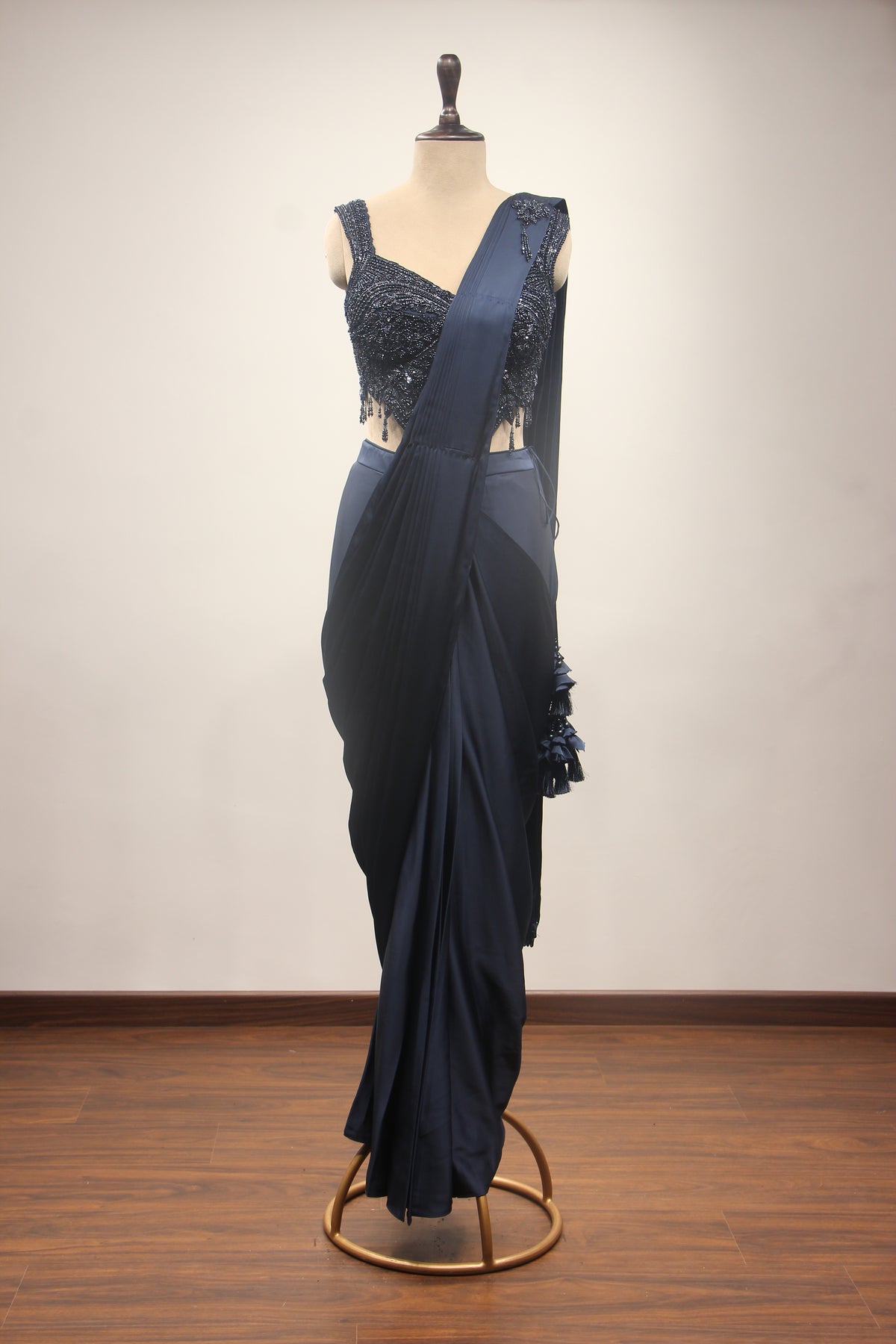 Satin Drape Saree with Beaded Net Corset in Cut Dana & Sequin Handwork in Blue – front view