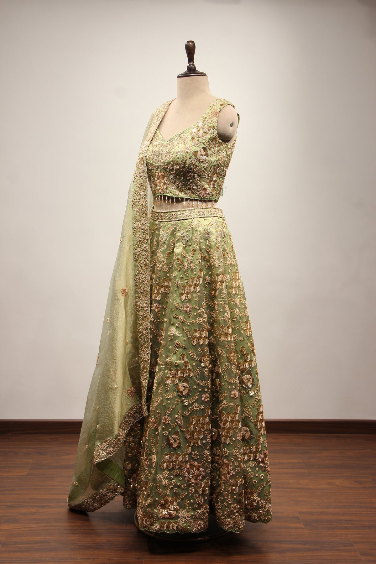 Green Shimmer Organza Lehenga with Bead & Zari Handwork Crop Top – other side view