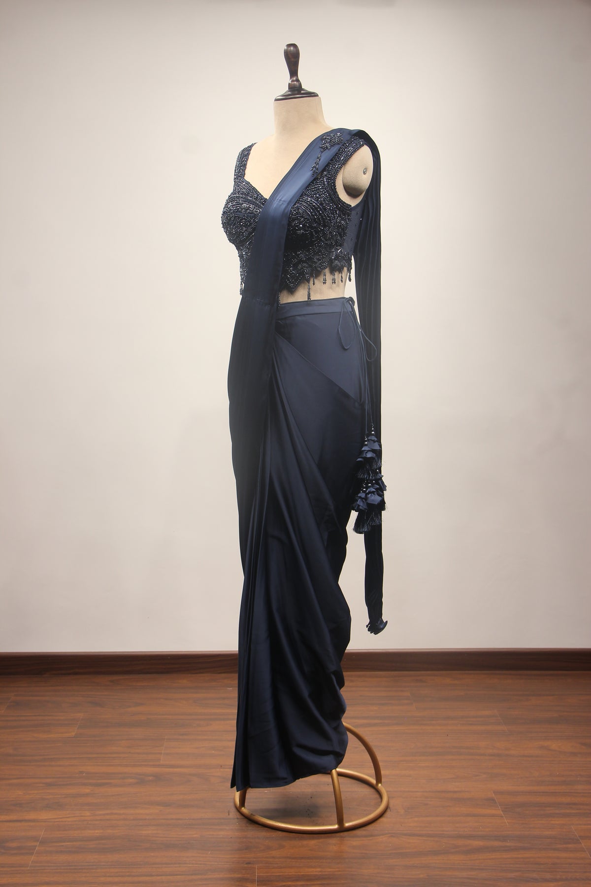 Satin Drape Saree with Beaded Net Corset in Cut Dana & Sequin Handwork in Blue – other side view