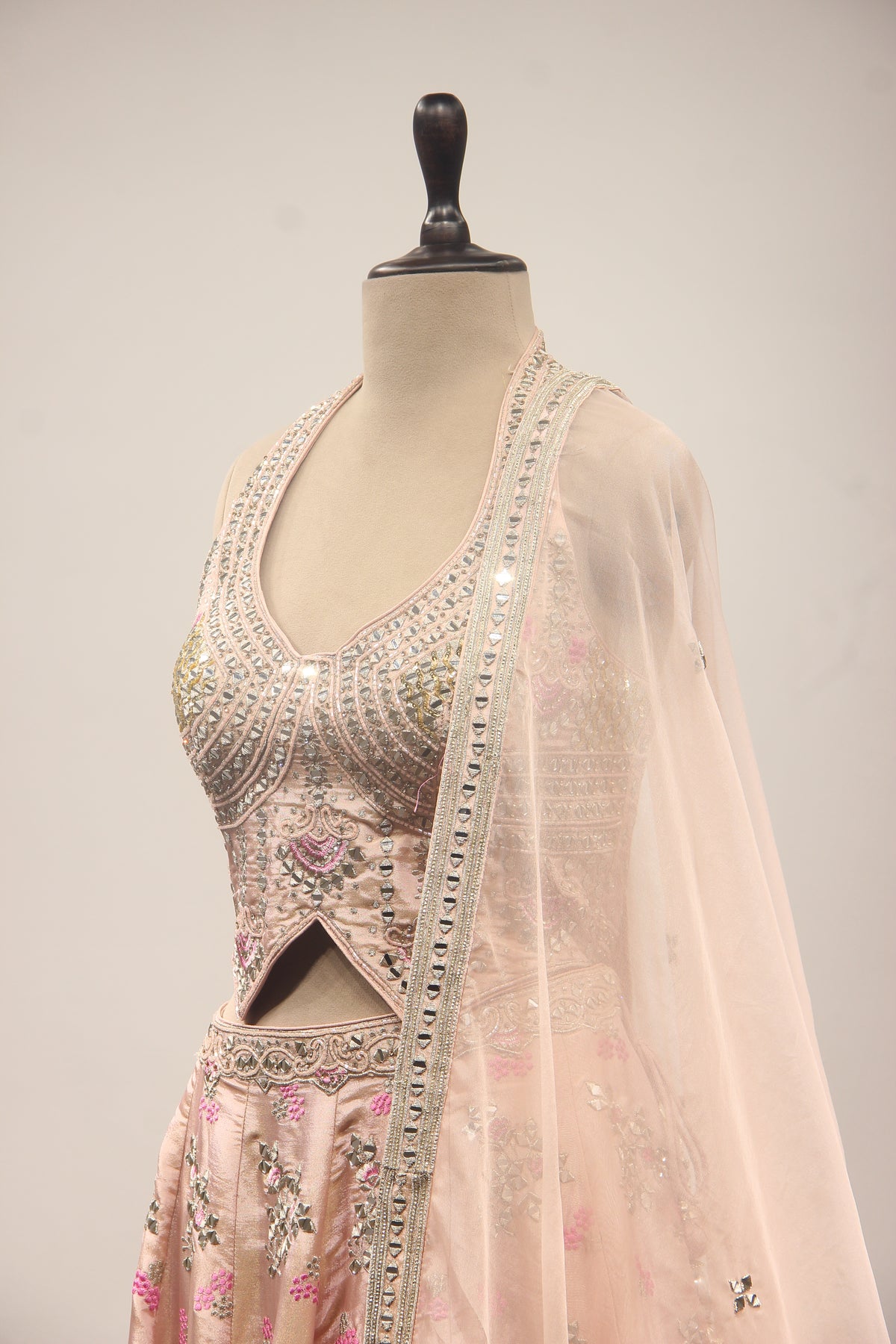 Baby Pink Tissue Lehenga with Mirror & Cut Dana Handwork Halter Corset – side close-up