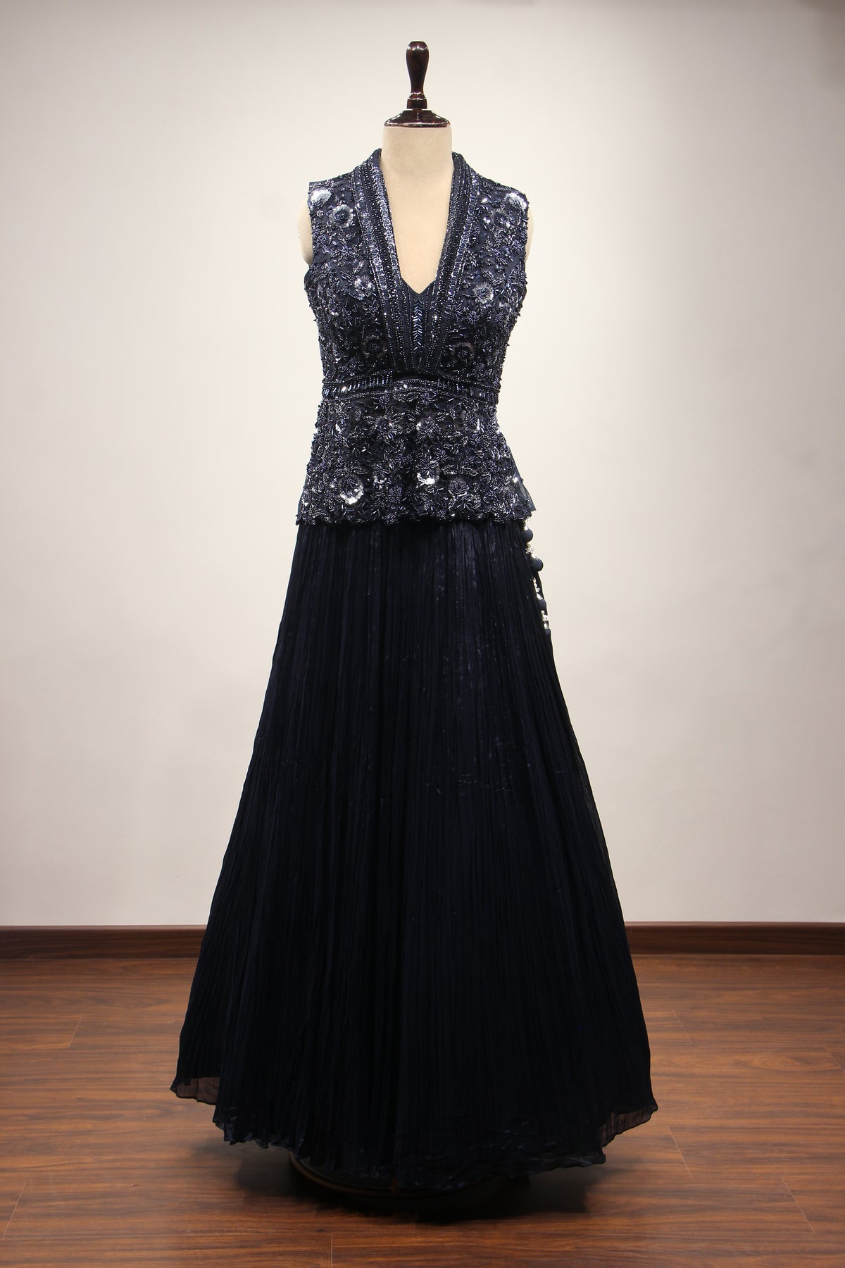 Blue Crepe Lehenga with Cut Dana & Sequin Handwork Plunge Neck Jacket – front view