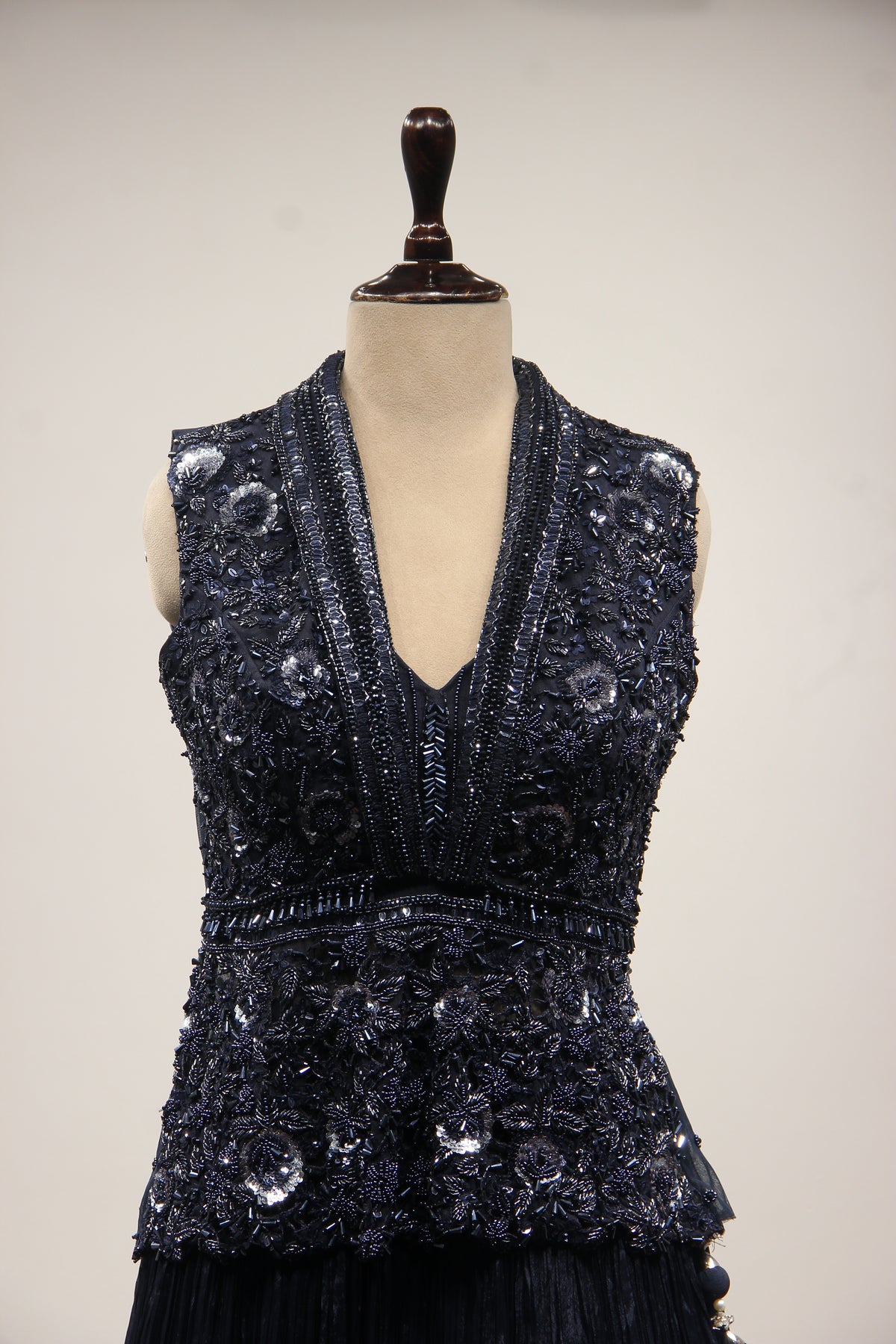 Blue Crepe Lehenga with Cut Dana & Sequin Handwork Plunge Neck Jacket – front close-up