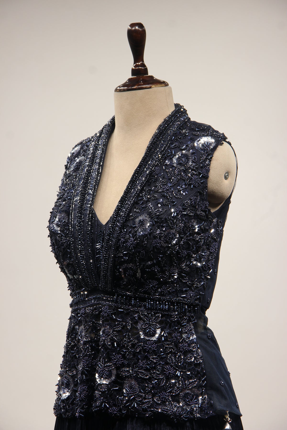 Blue Crepe Lehenga with Cut Dana & Sequin Handwork Plunge Neck Jacket – side close-up