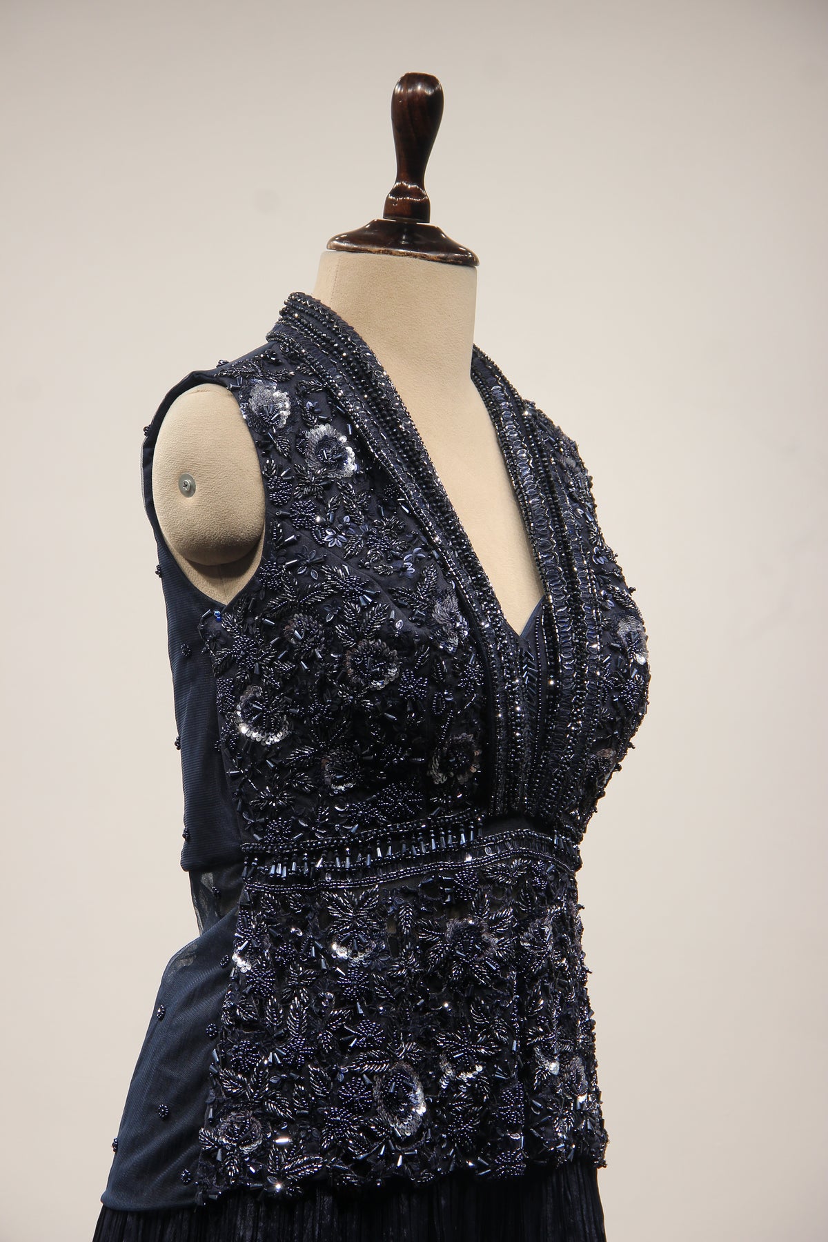 Blue Crepe Lehenga with Cut Dana & Sequin Handwork Plunge Neck Jacket – other side close-up