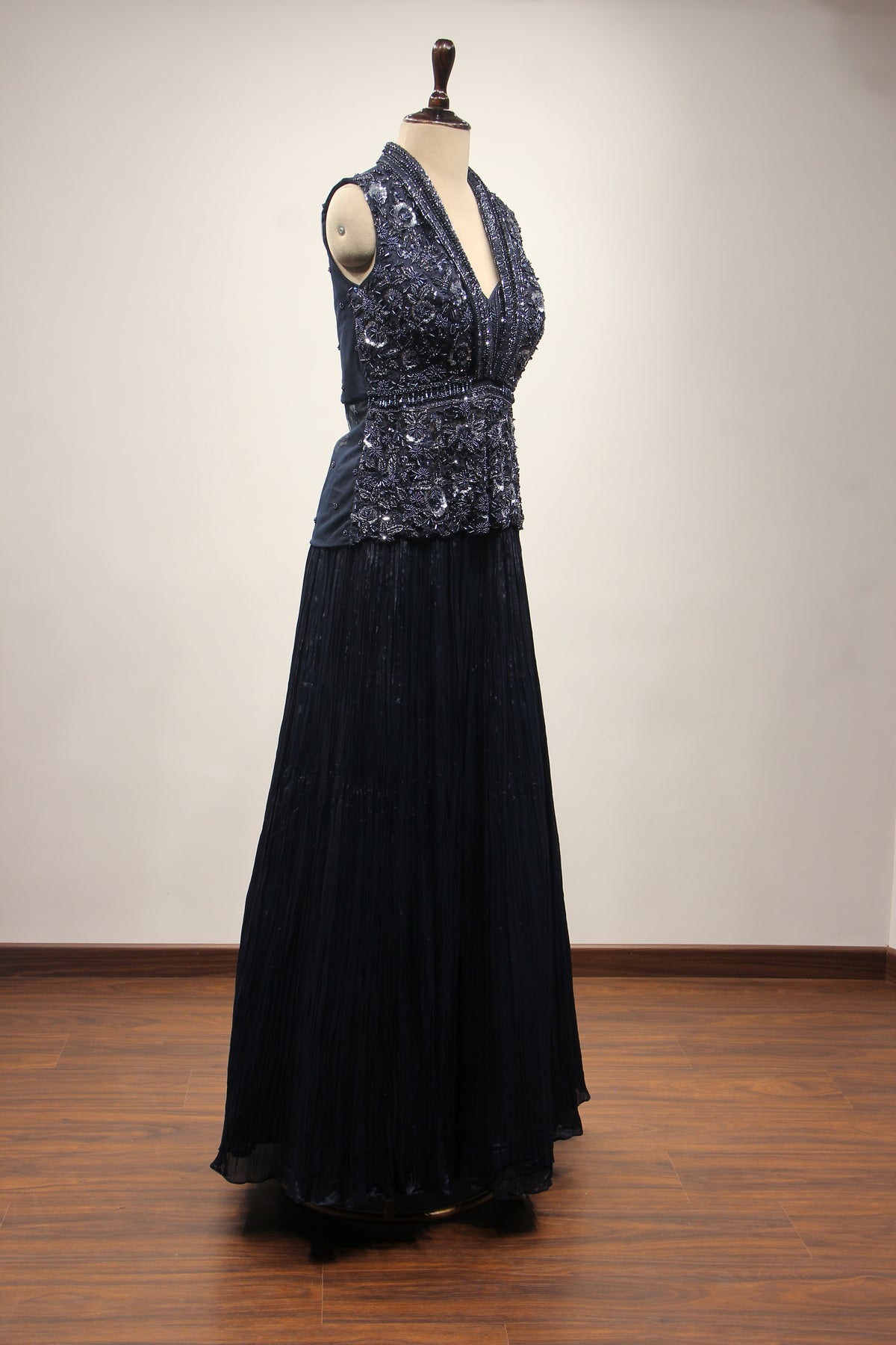 Blue Crepe Lehenga with Cut Dana & Sequin Handwork Plunge Neck Jacket – other side view