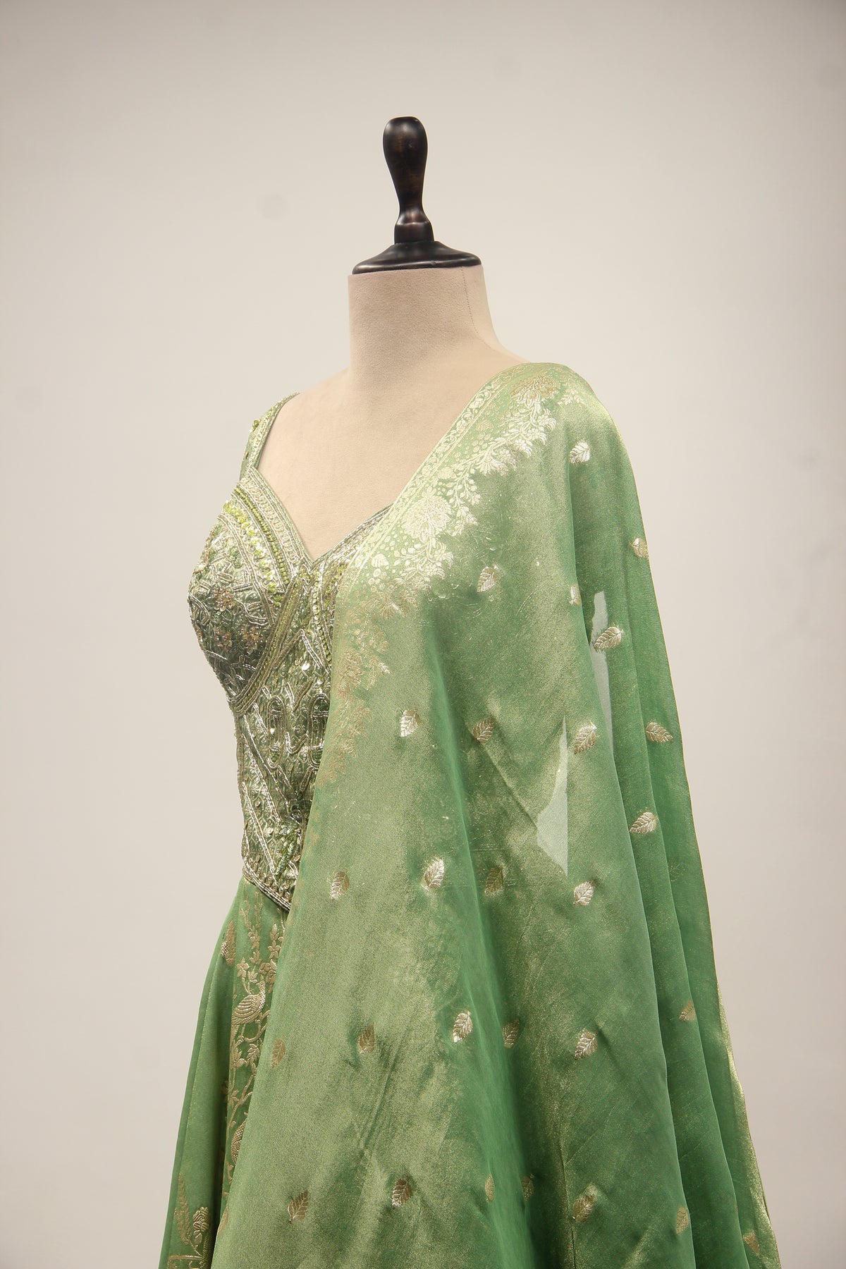 Green Banarasi Brocade Lehenga with Zardozi & Cut Dana Handwork Corset – side close-up