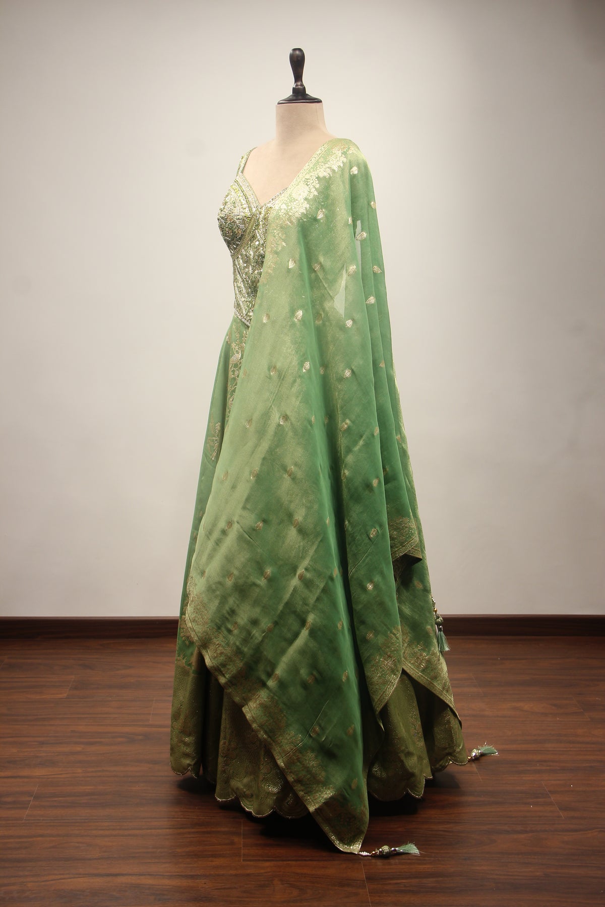 Green Banarasi Brocade Lehenga with Zardozi & Cut Dana Handwork Corset – side view