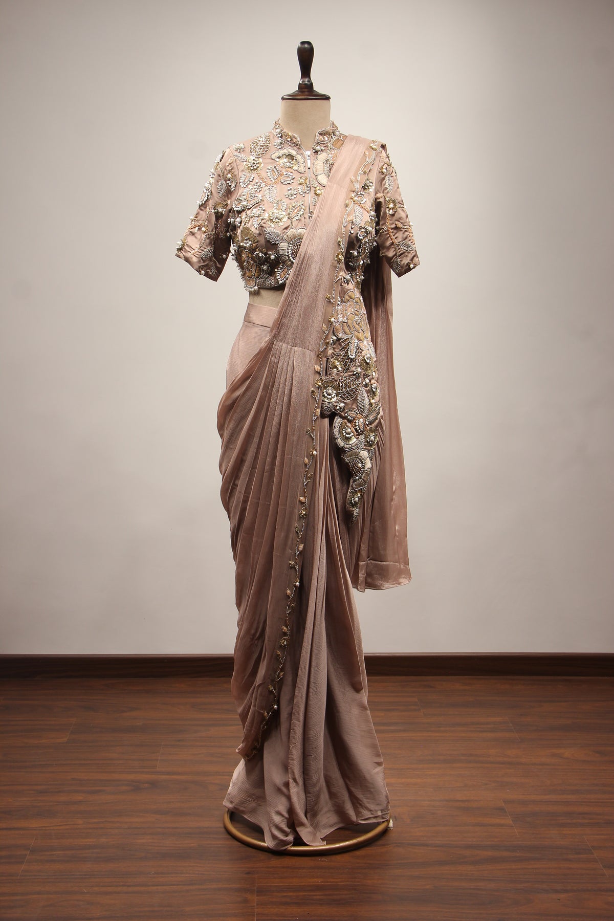Chikoo Crepe Drape Saree with Hand Embroidery & Resham Handwork – front view