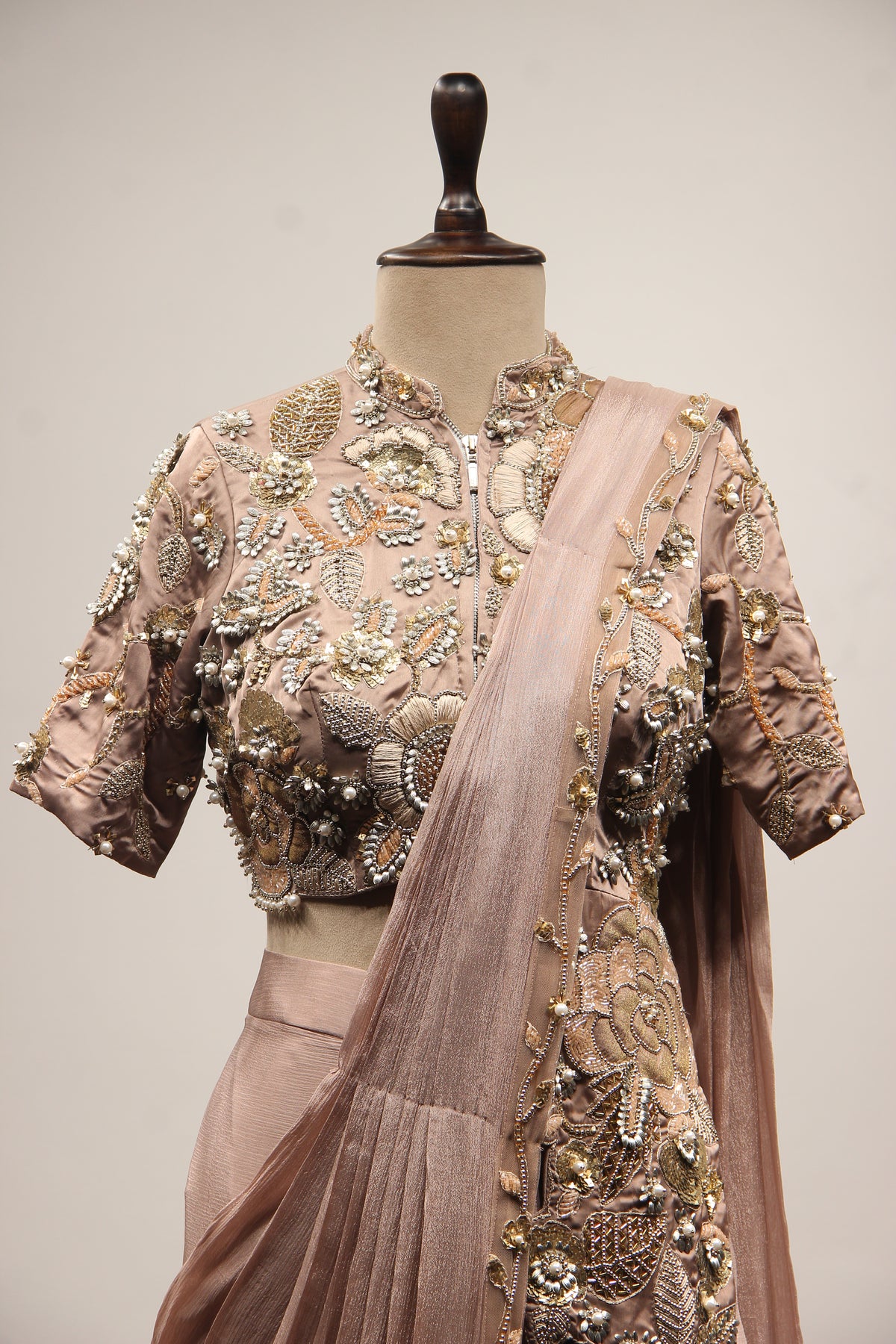 Chikoo Crepe Drape Saree with Hand Embroidery & Resham Handwork – front close-up
