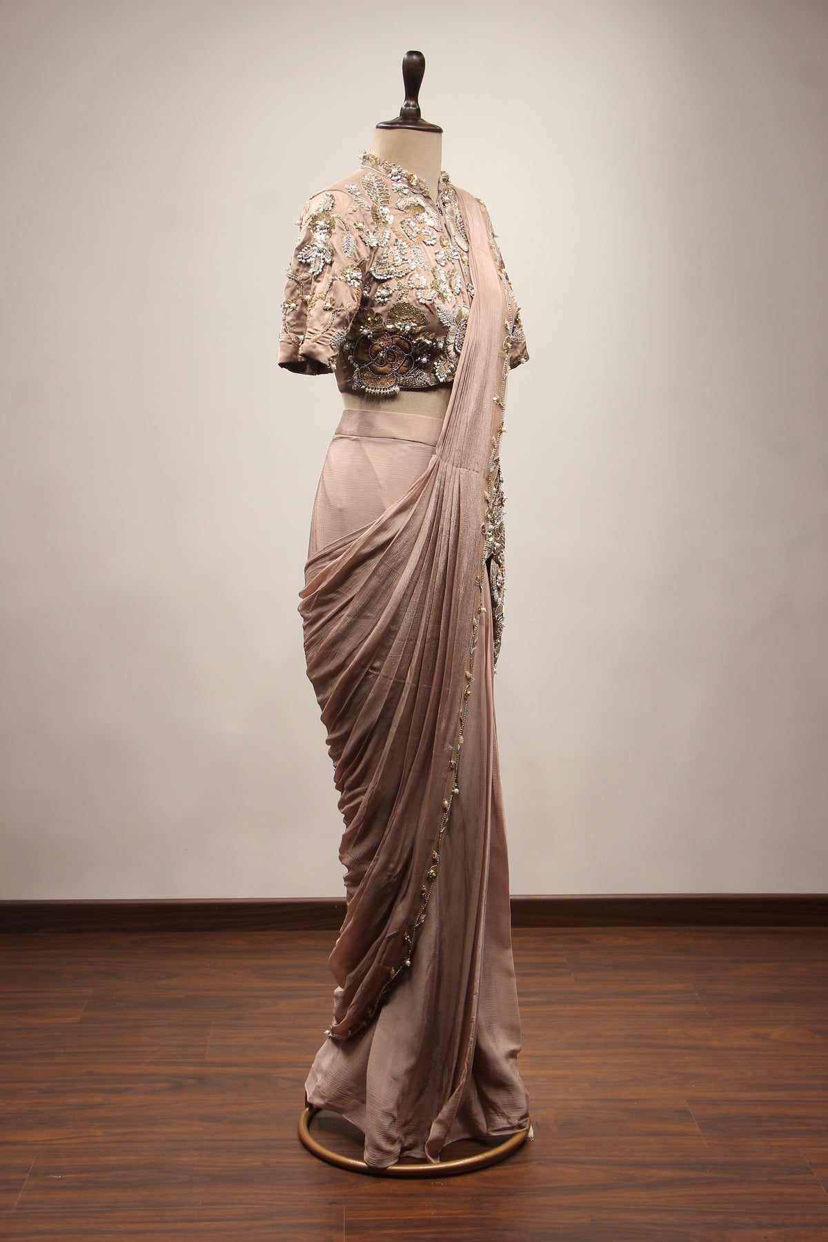 Chikoo Crepe Drape Saree with Hand Embroidery & Resham Handwork – side view