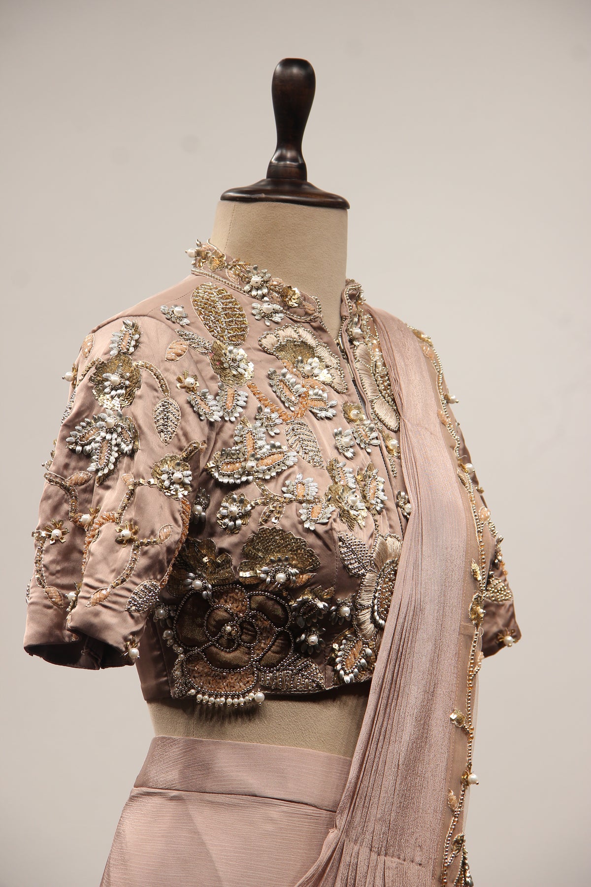 Chikoo Crepe Drape Saree with Hand Embroidery & Resham Handwork – side close-up