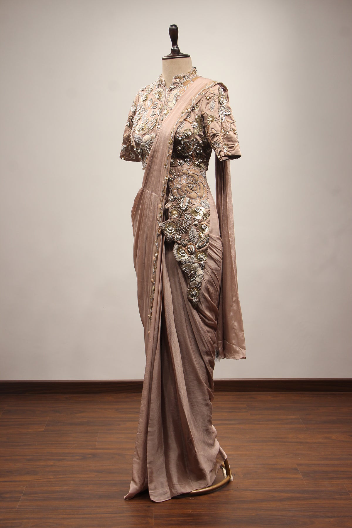 Chikoo Crepe Drape Saree with Hand Embroidery & Resham Handwork – other side view