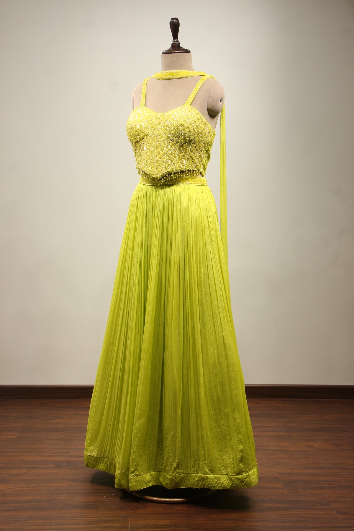 Crepe Lehenga with Sequin & Cut Dana Handwork Corset & Choker Dupatta in Green – side view