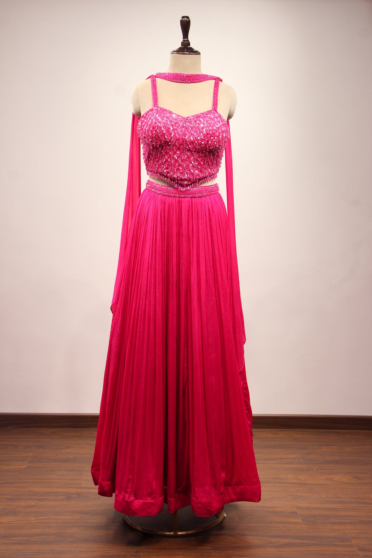 Crepe Lehenga with Sequin & Cut Dana Handwork Corset & Choker Dupatta in Pink – front view