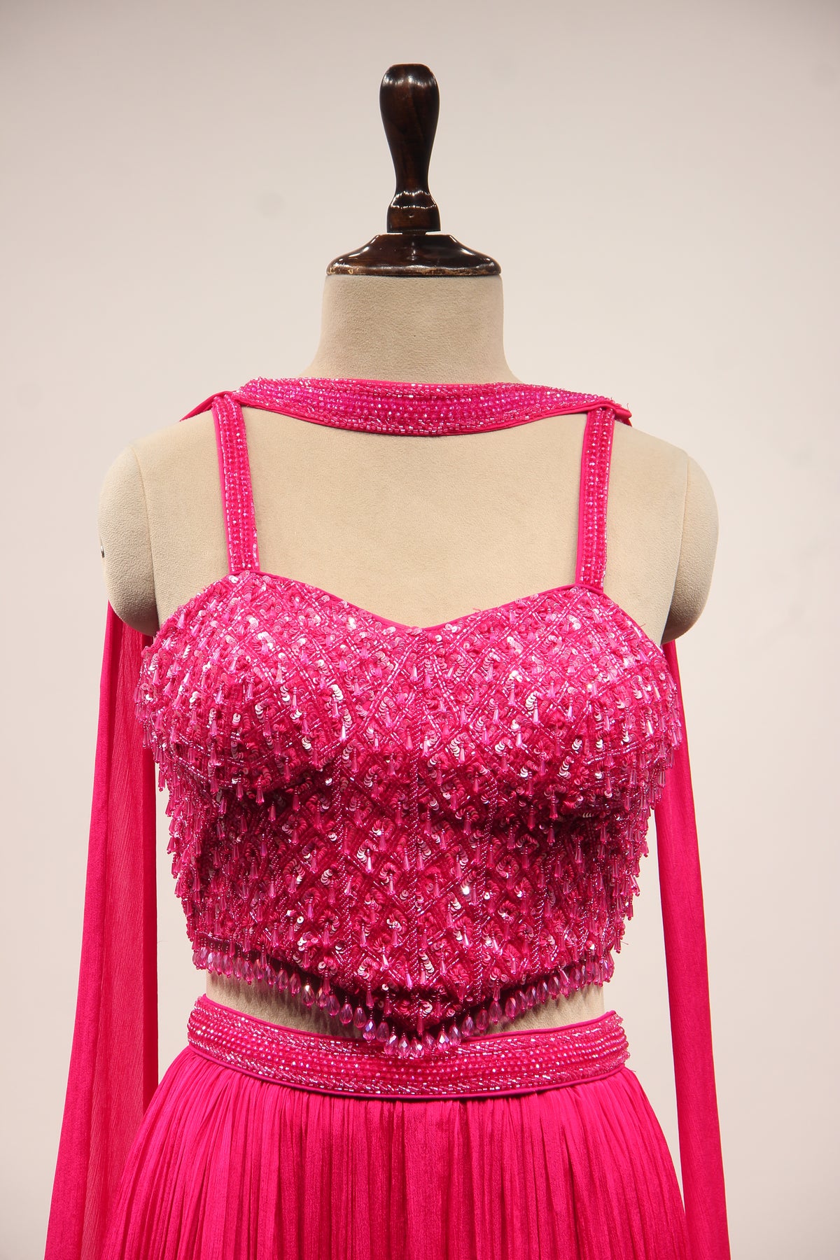 Crepe Lehenga with Sequin & Cut Dana Handwork Corset & Choker Dupatta in Pink – front close-up