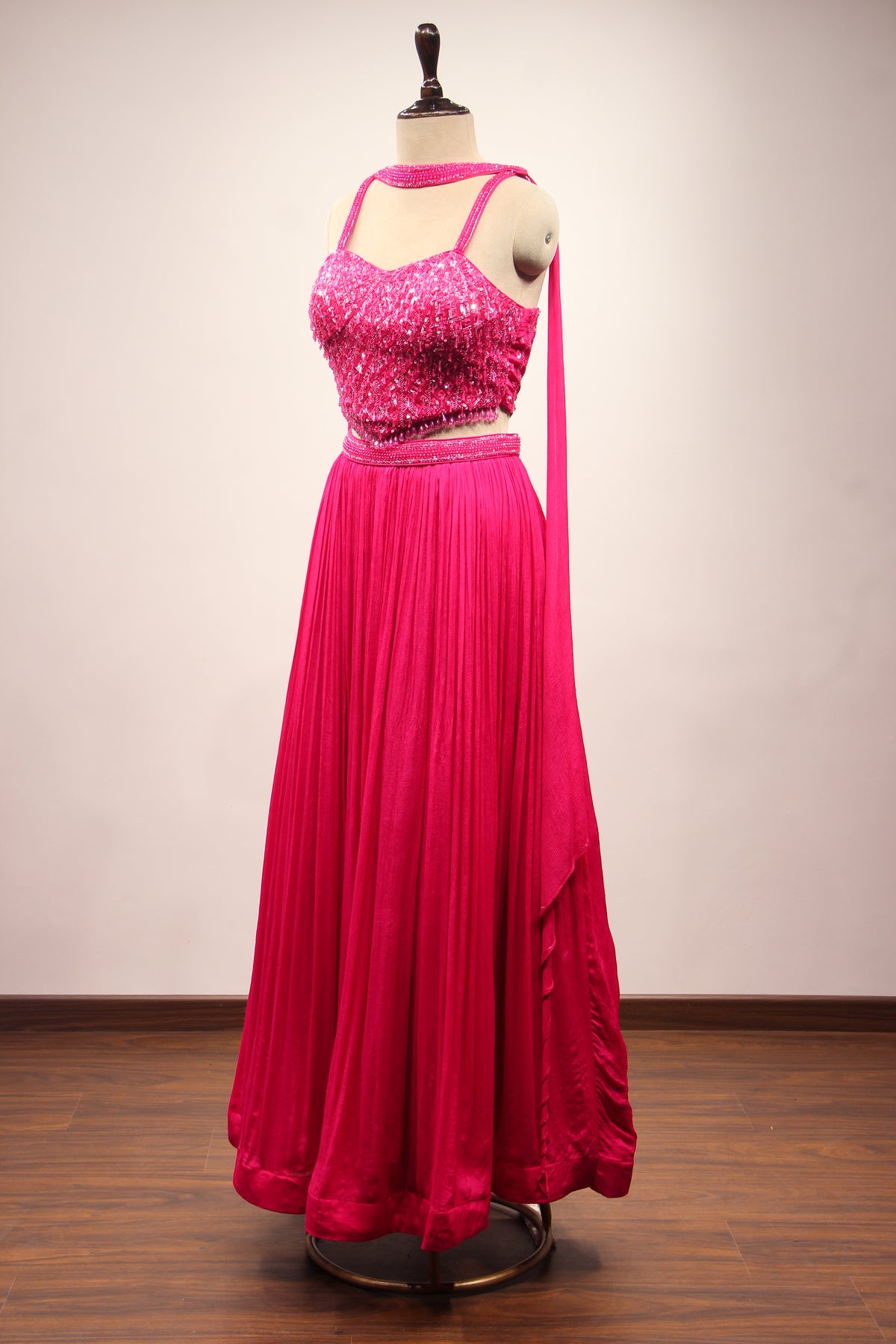 Crepe Lehenga with Sequin & Cut Dana Handwork Corset & Choker Dupatta in Pink – other side view