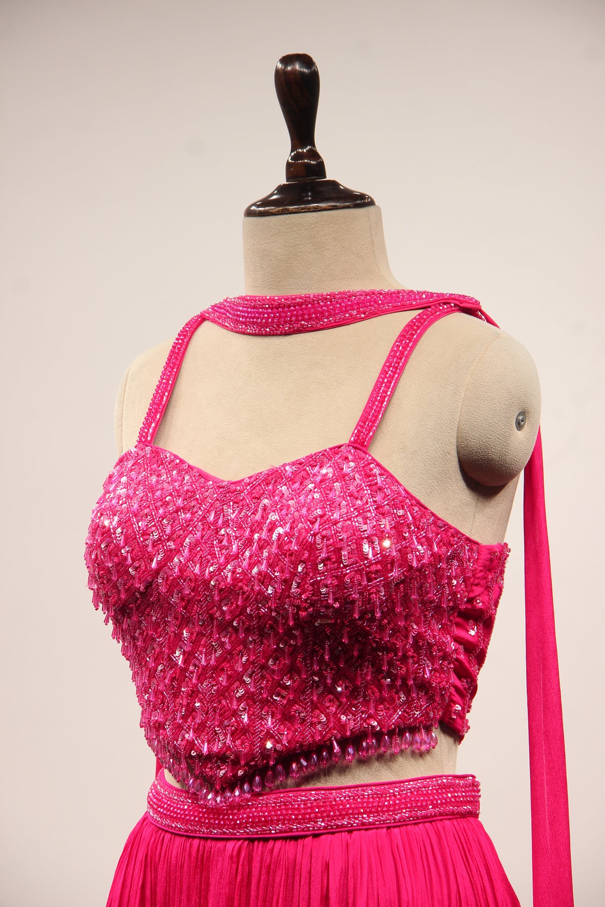 Crepe Lehenga with Sequin & Cut Dana Handwork Corset & Choker Dupatta in Pink – other side close-up