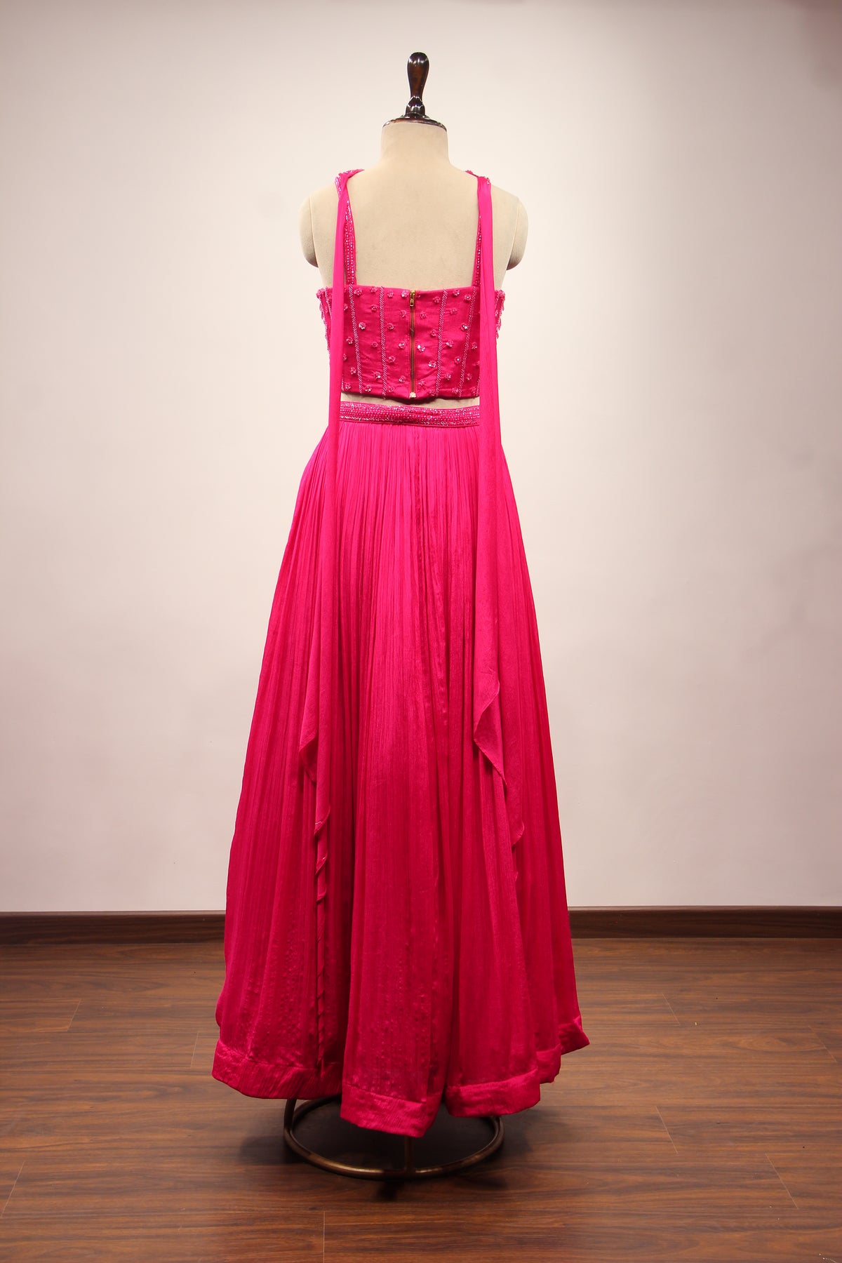 Crepe Lehenga with Sequin & Cut Dana Handwork Corset & Choker Dupatta in Pink – back view