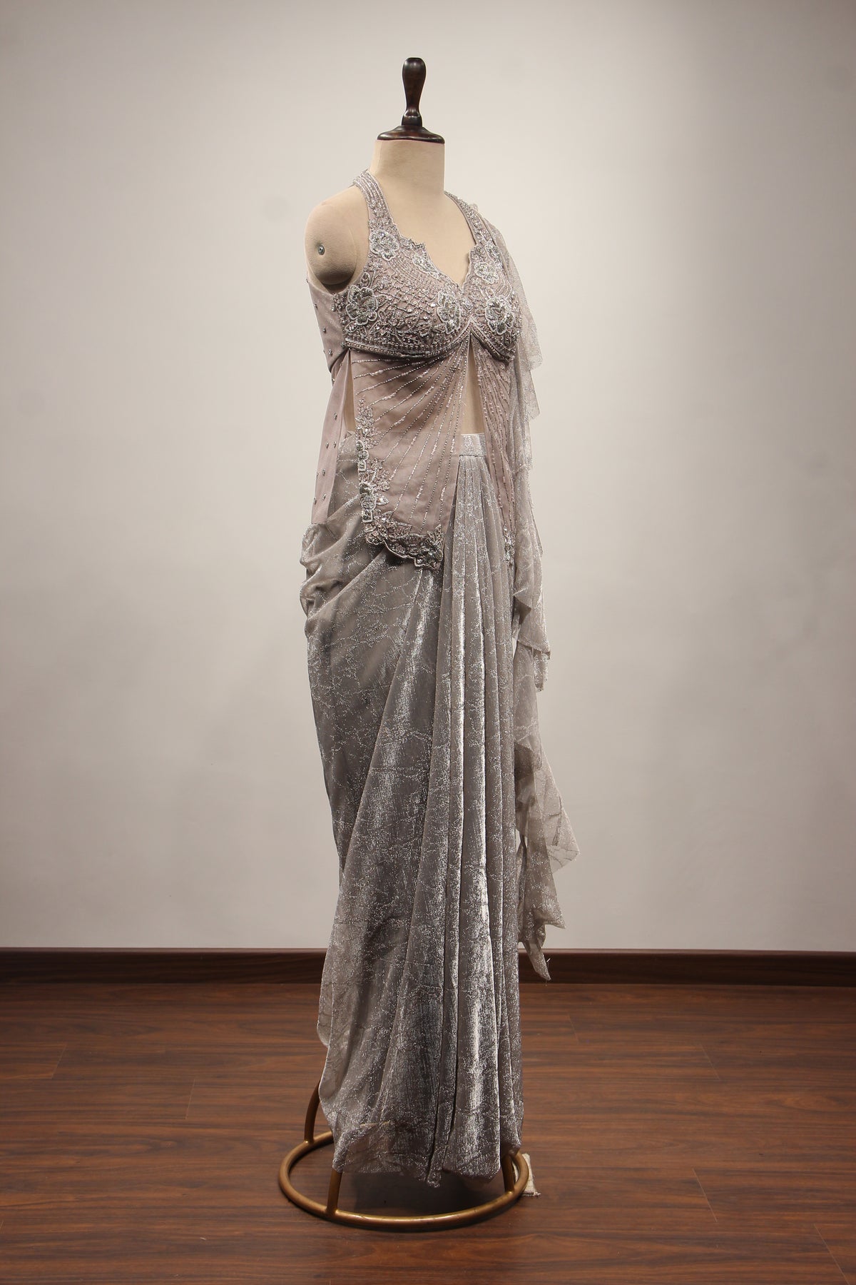 Imported Indo Western Drape Skirt Set with Cut Dana & Stone Handwork in Grey – other side view