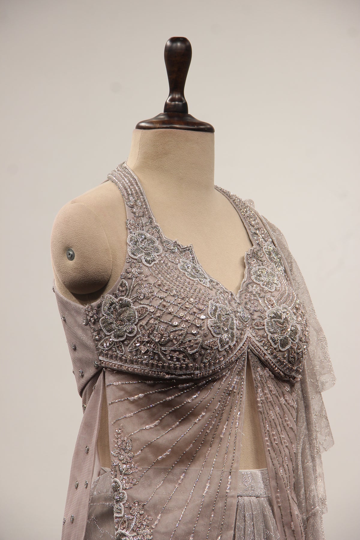 Imported Indo Western Drape Skirt Set with Cut Dana & Stone Handwork in Grey – other side close-up