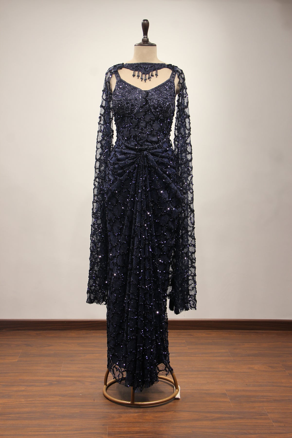 Imported Indo Western Net Corset Set with Sequin & Cut Dana Handwork in Blue – front view