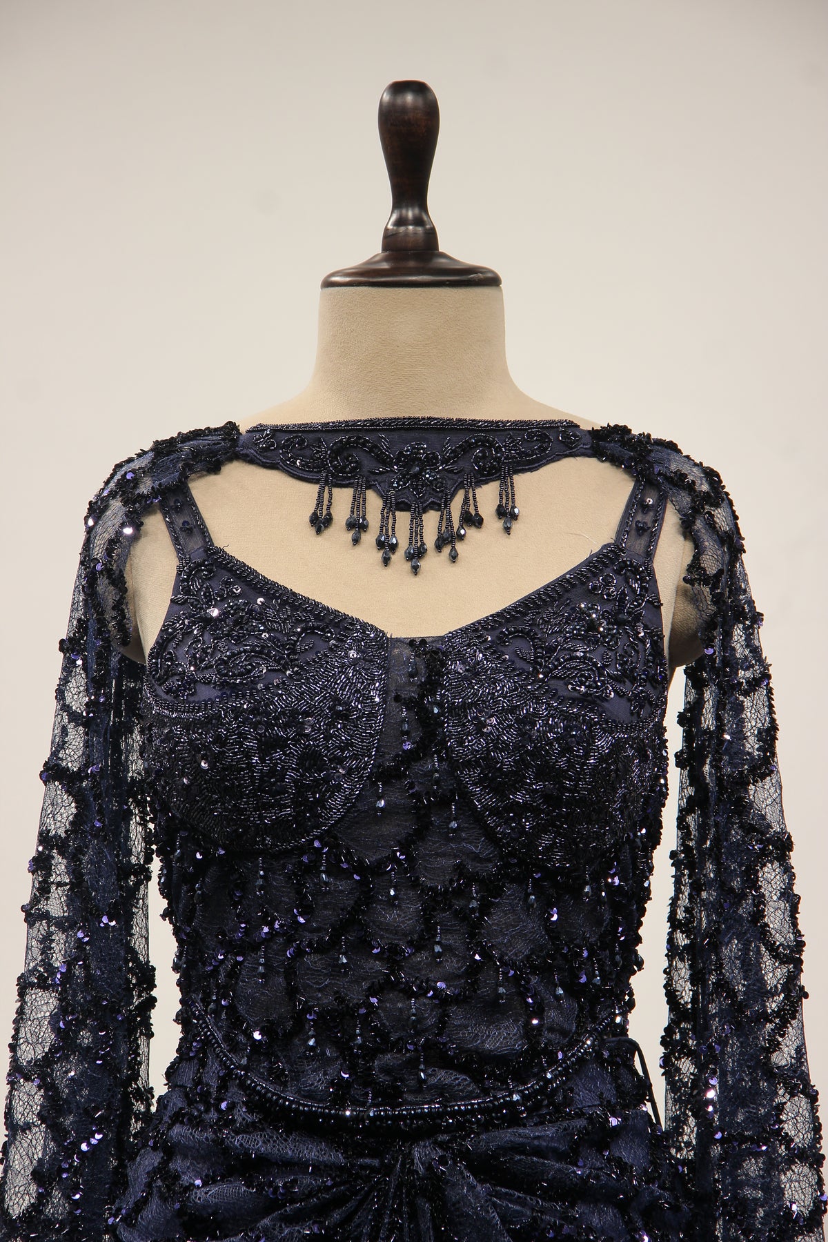 Imported Indo Western Net Corset Set with Sequin & Cut Dana Handwork in Blue – front close-up