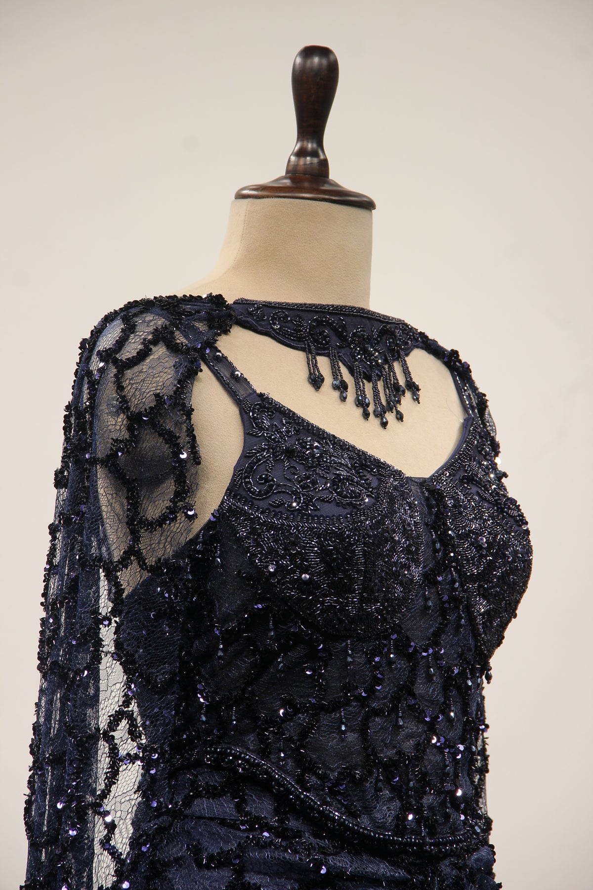 Imported Indo Western Net Corset Set with Sequin & Cut Dana Handwork in Blue – side close-up