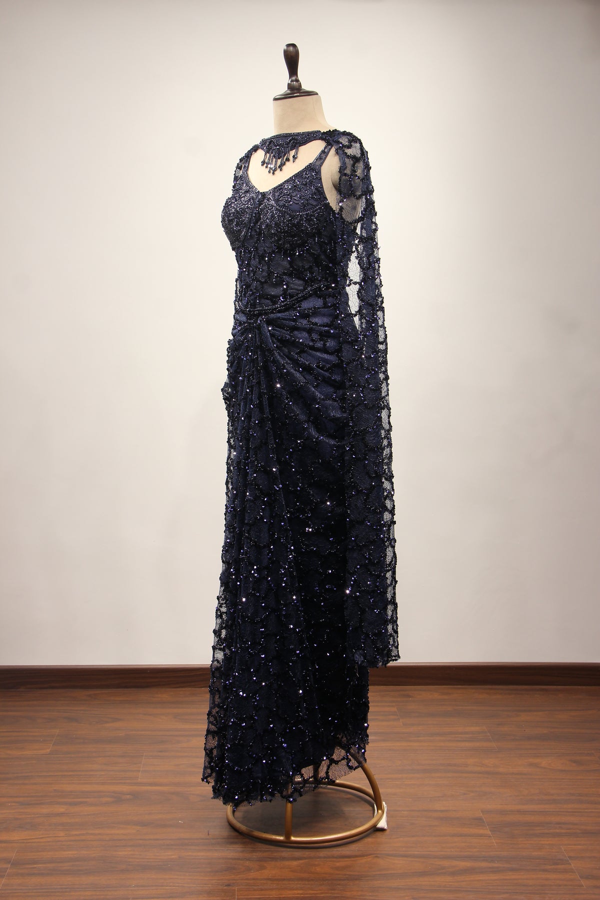 Imported Indo Western Net Corset Set with Sequin & Cut Dana Handwork in Blue – other side view