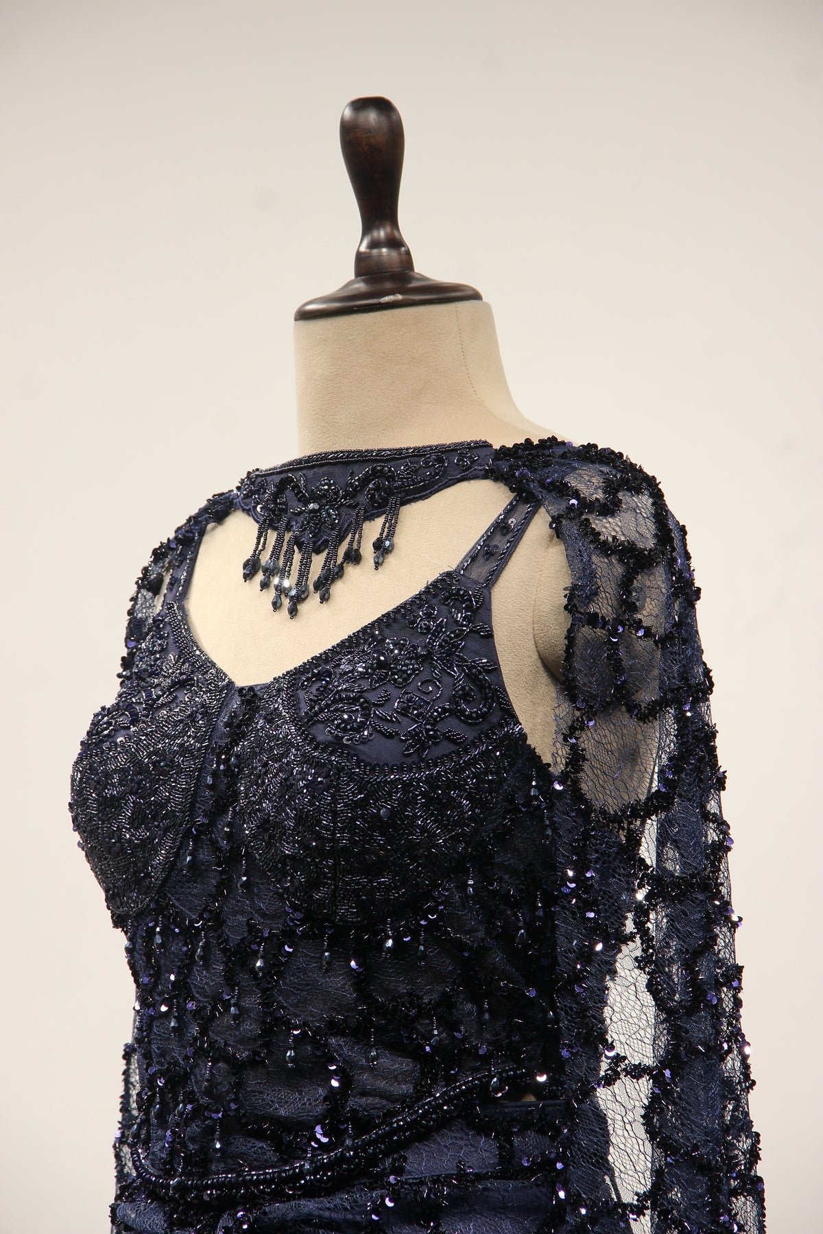 Imported Indo Western Net Corset Set with Sequin & Cut Dana Handwork in Blue – other side close-up